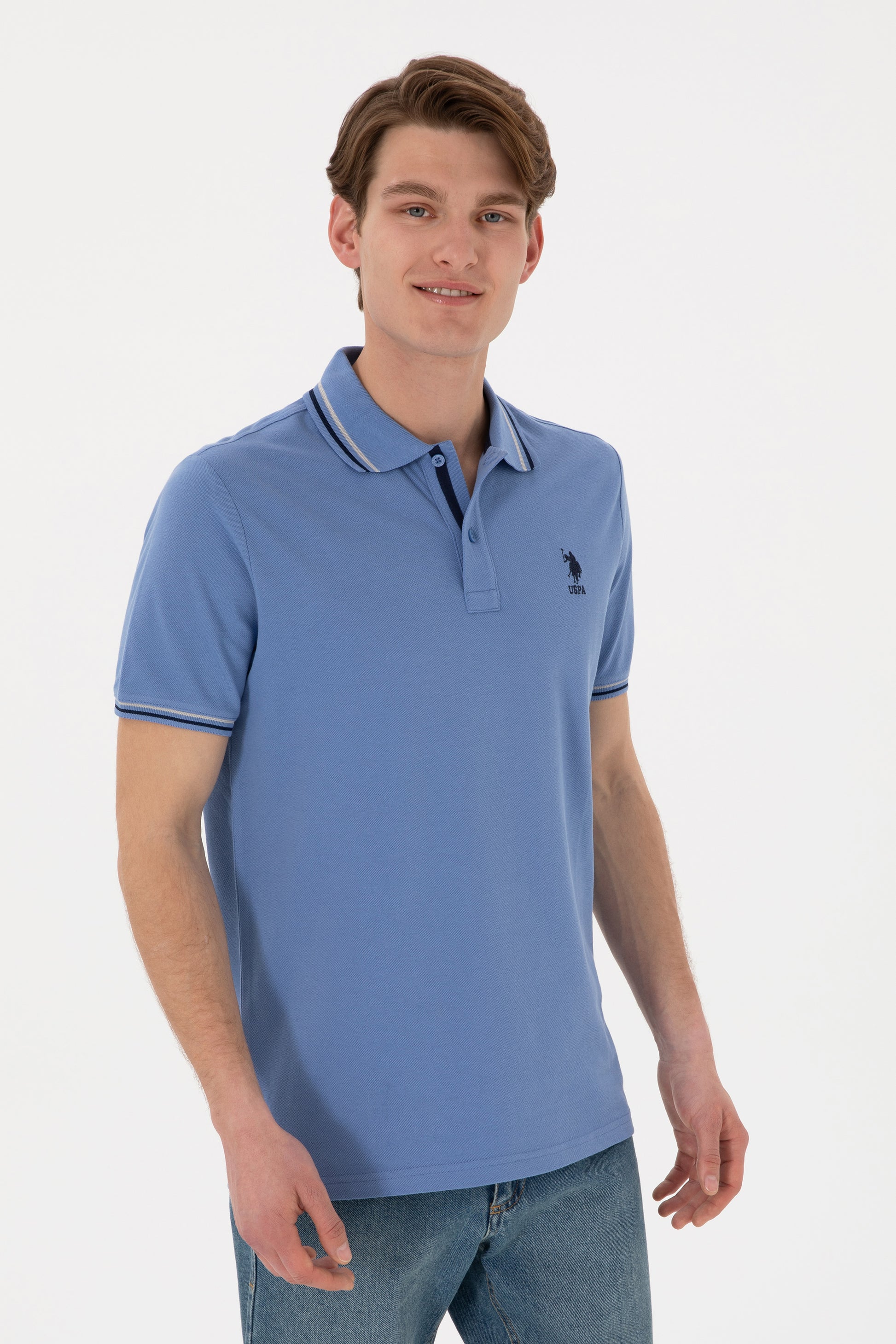 Men's Regular Fit Polo Neck Dark Blue Basic T-Shirt
