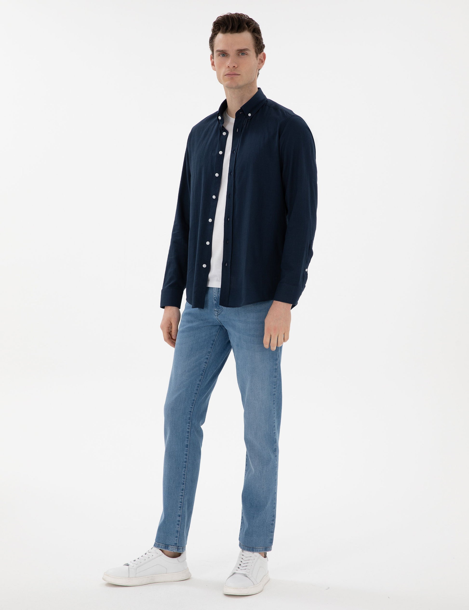 Navy Blue Slim Fit Linen Look Shirt