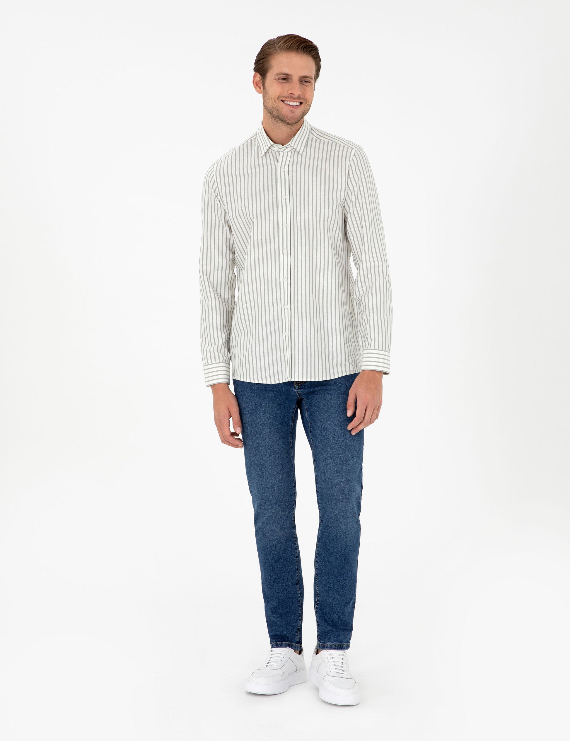 Khaki Striped Slim Fit Long Sleeve Shirt