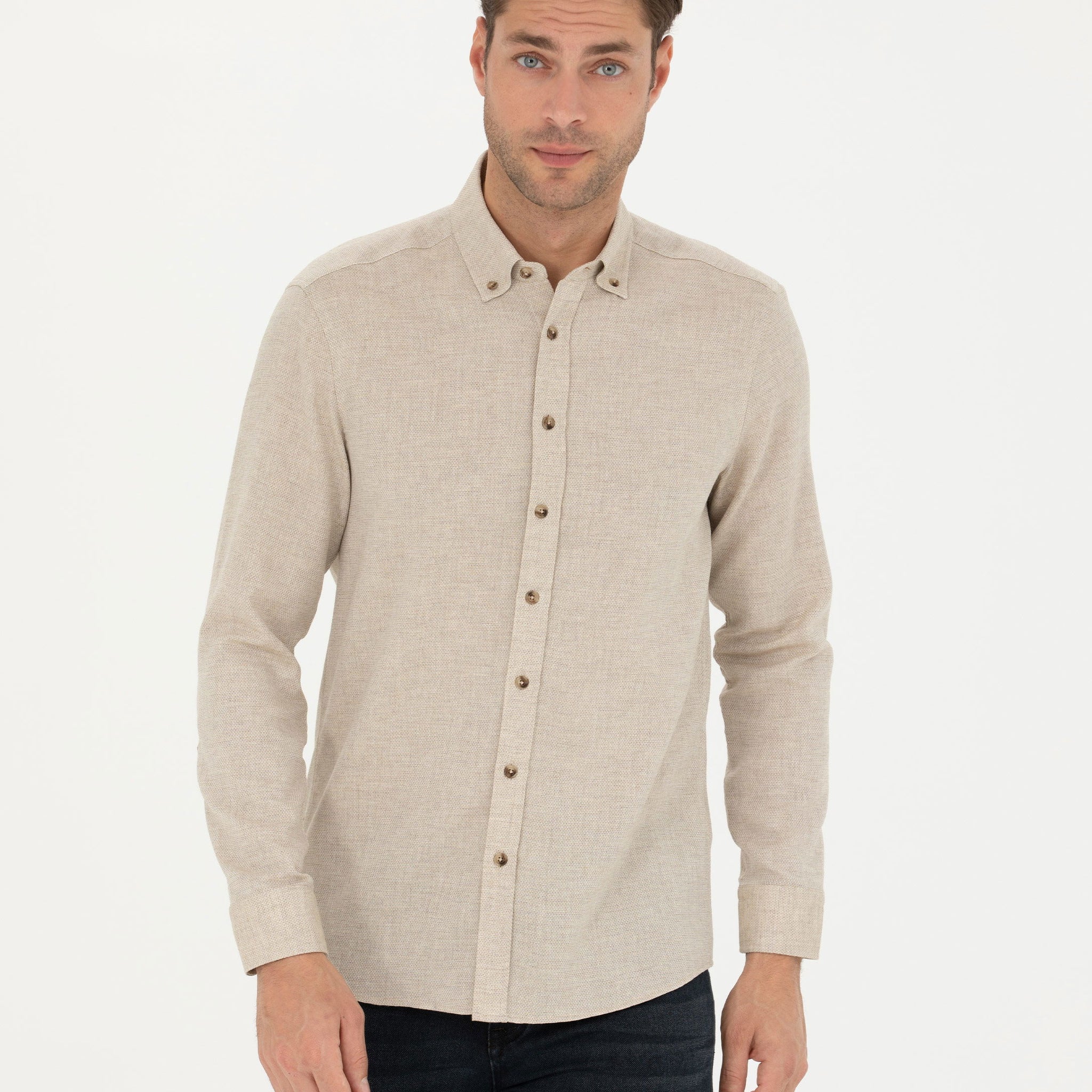 Beige Slim Fit Long Sleeve Shirt