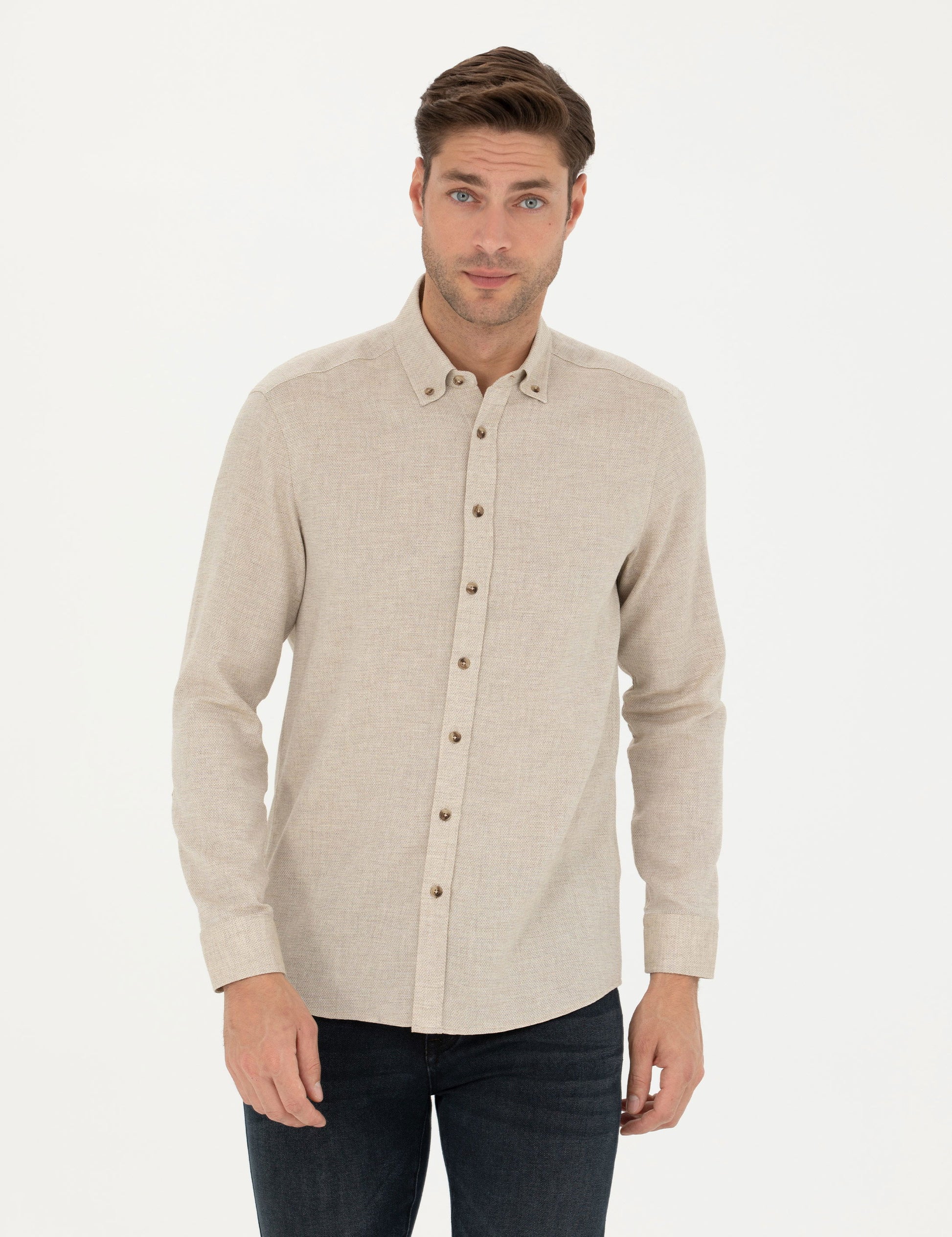 Beige Slim Fit Long Sleeve Shirt