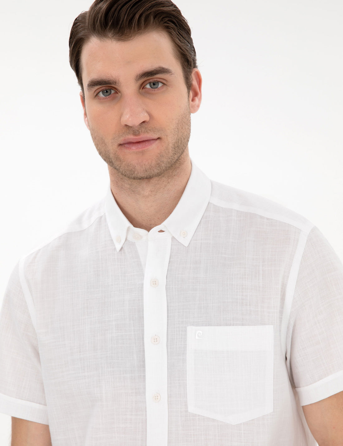 White Linen Look Regular Fit Short Sleeve Shirt