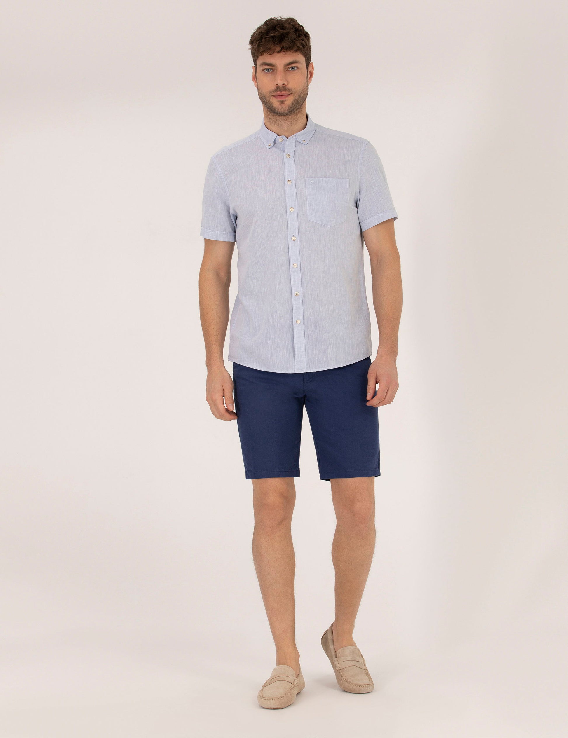 Indigo Slim Fit Linen Blend Bermuda Shorts