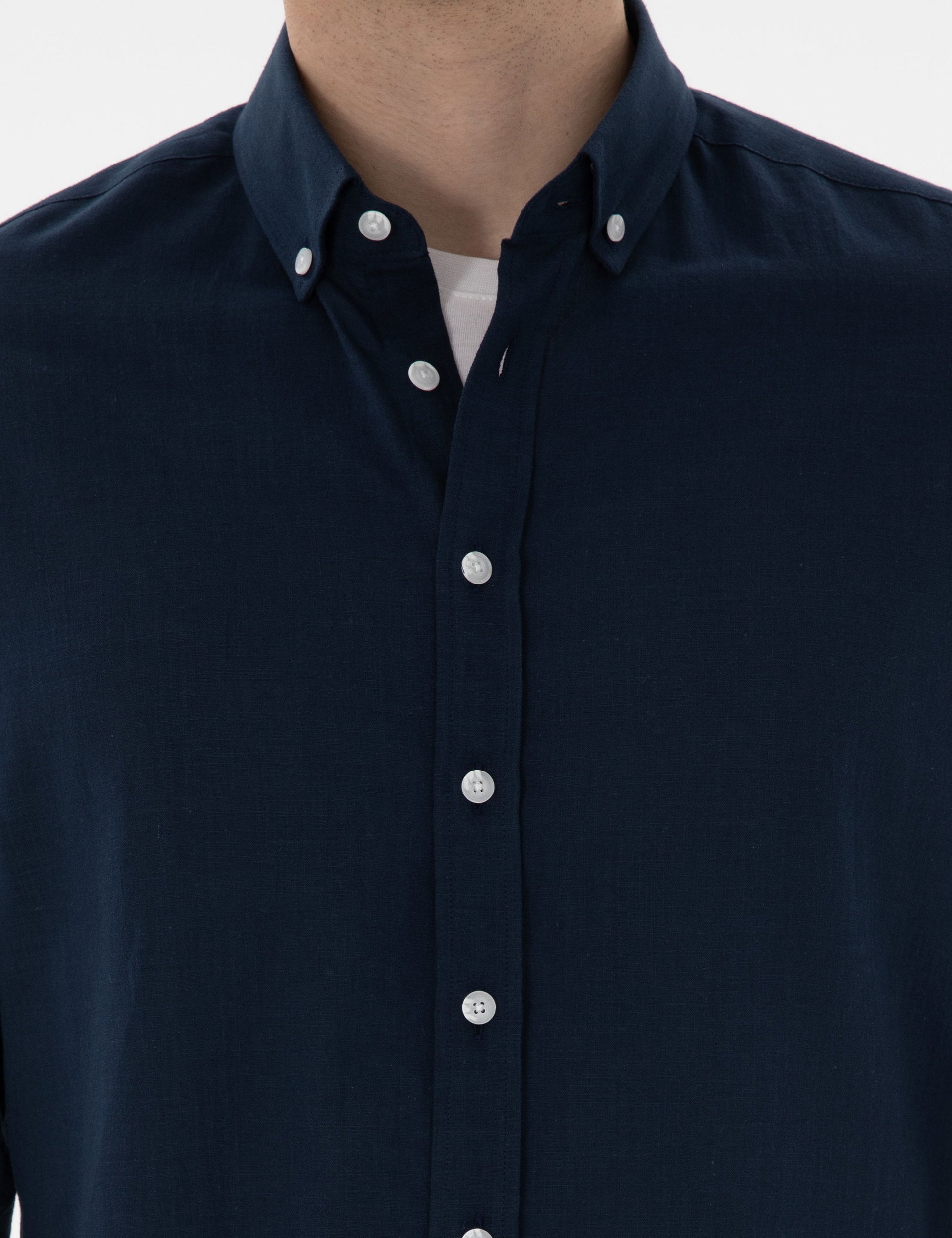 Navy Blue Slim Fit Linen Look Shirt