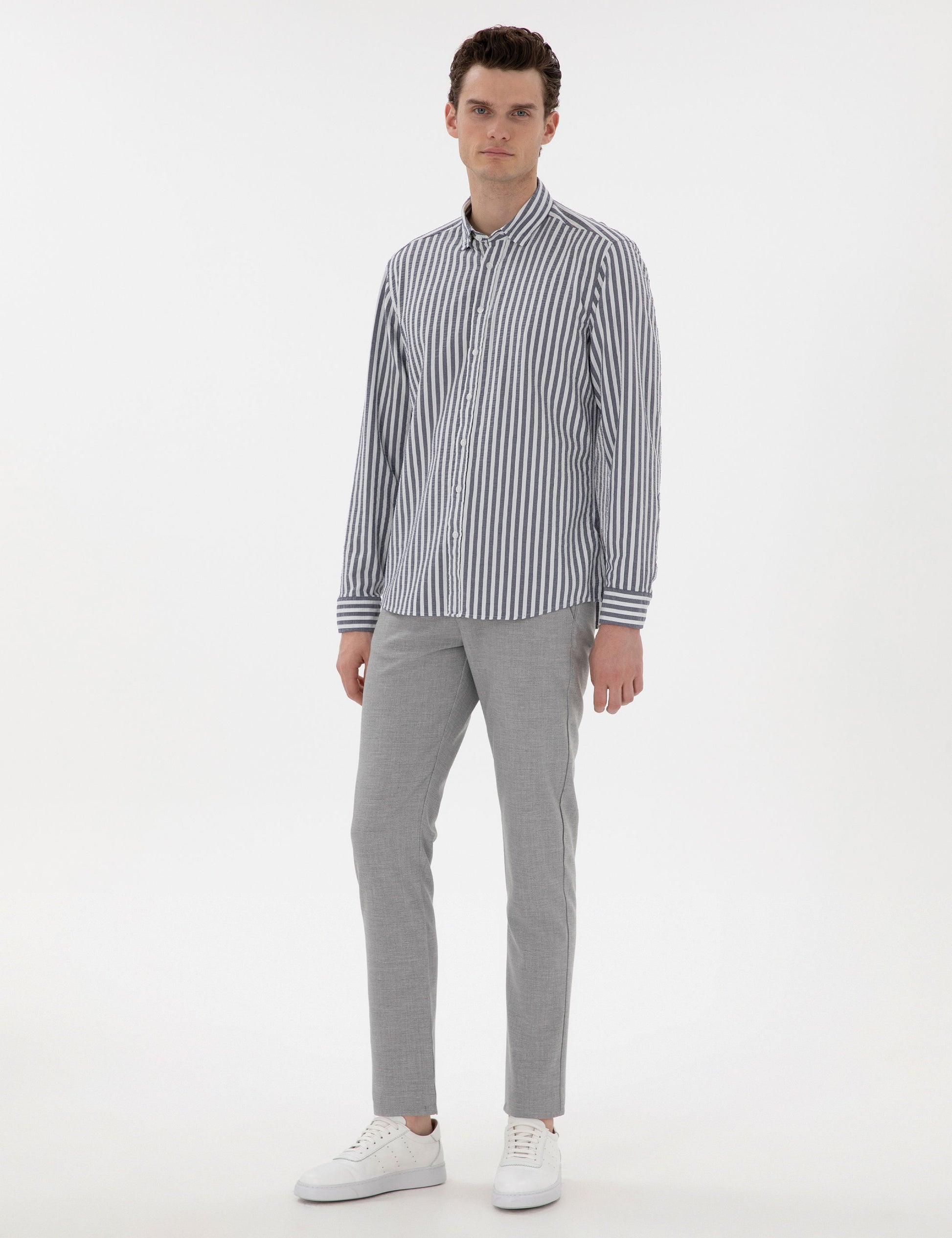 Navy Blue Regular Fit Striped Long Sleeve Shirt