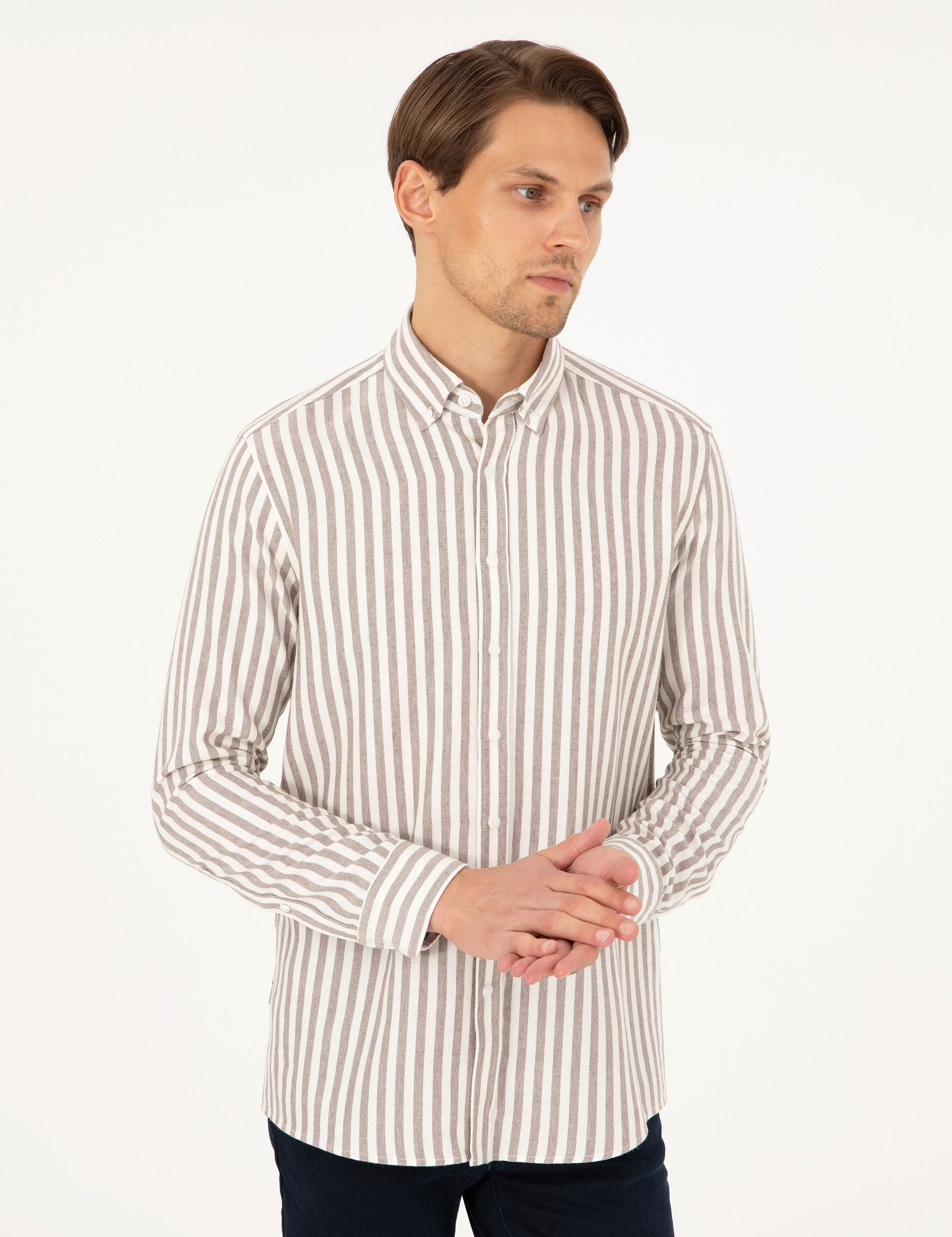 Brown Regular Fit Striped Long Sleeve Shirt