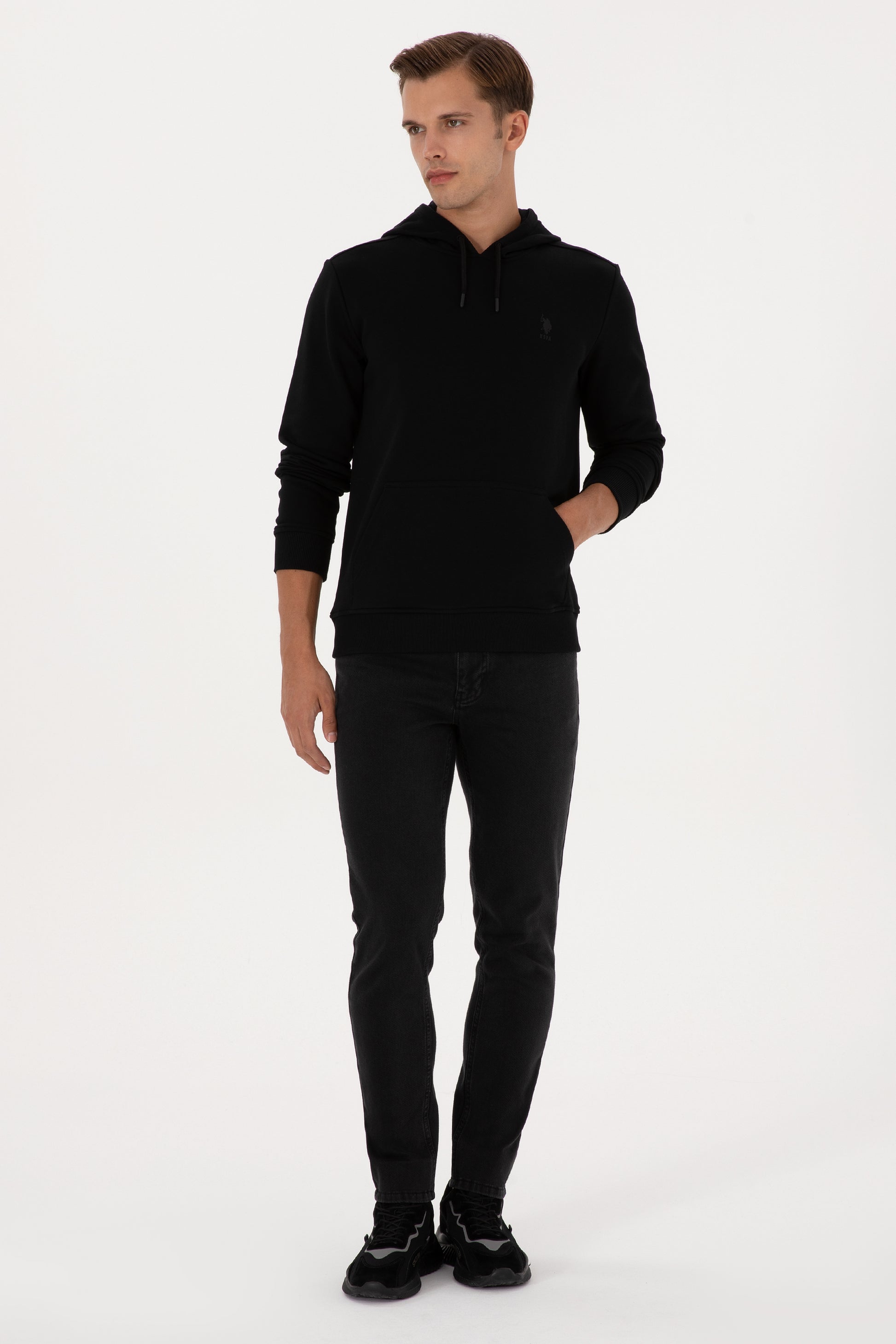 Erkek Regular Fit Kapişonlu Siyah Basic Sweatshirt