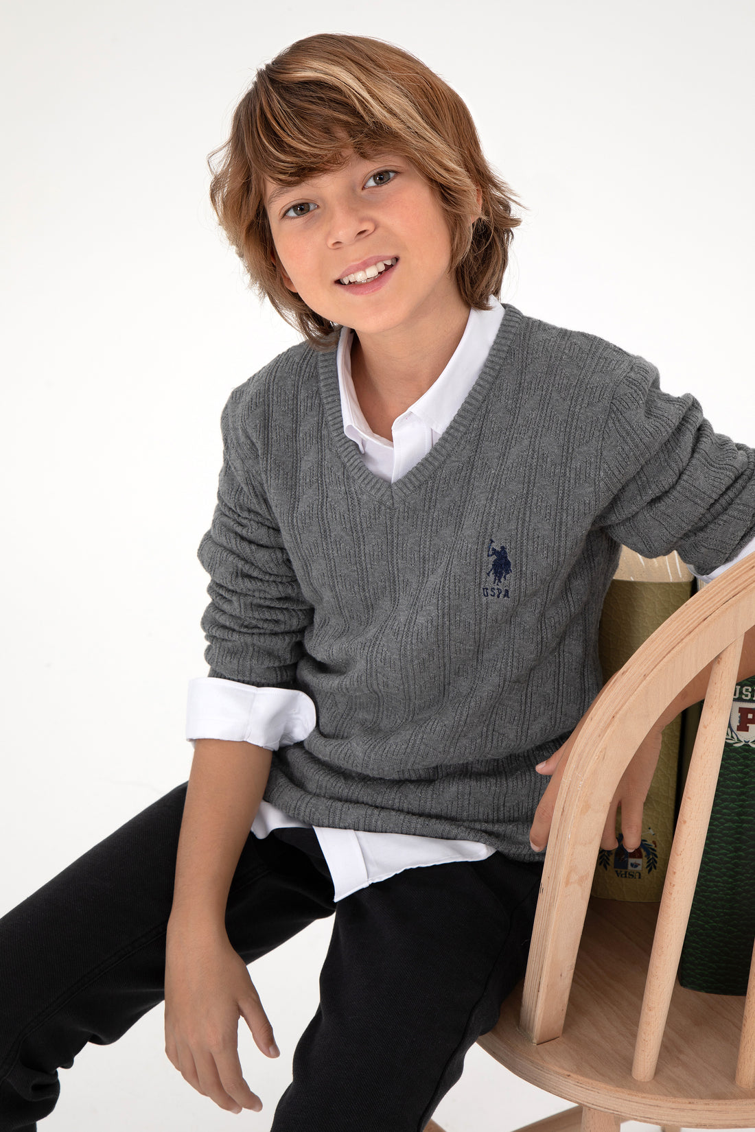 Boys' Grey Melange Basic V Neck Sweater
