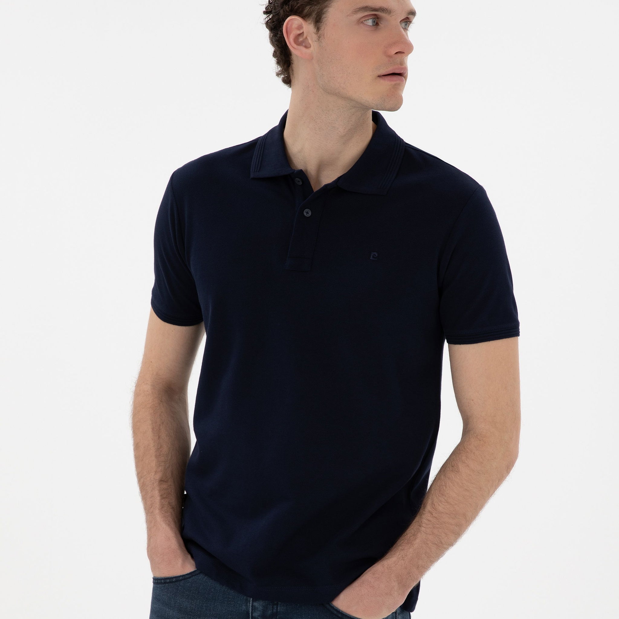 Navy Blue Slim Fit No-Fold Polo Neck Basic T-Shirt
