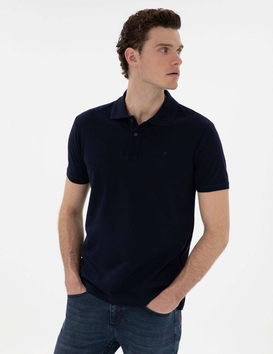 Navy Blue Slim Fit No-Fold Polo Neck Basic T-Shirt