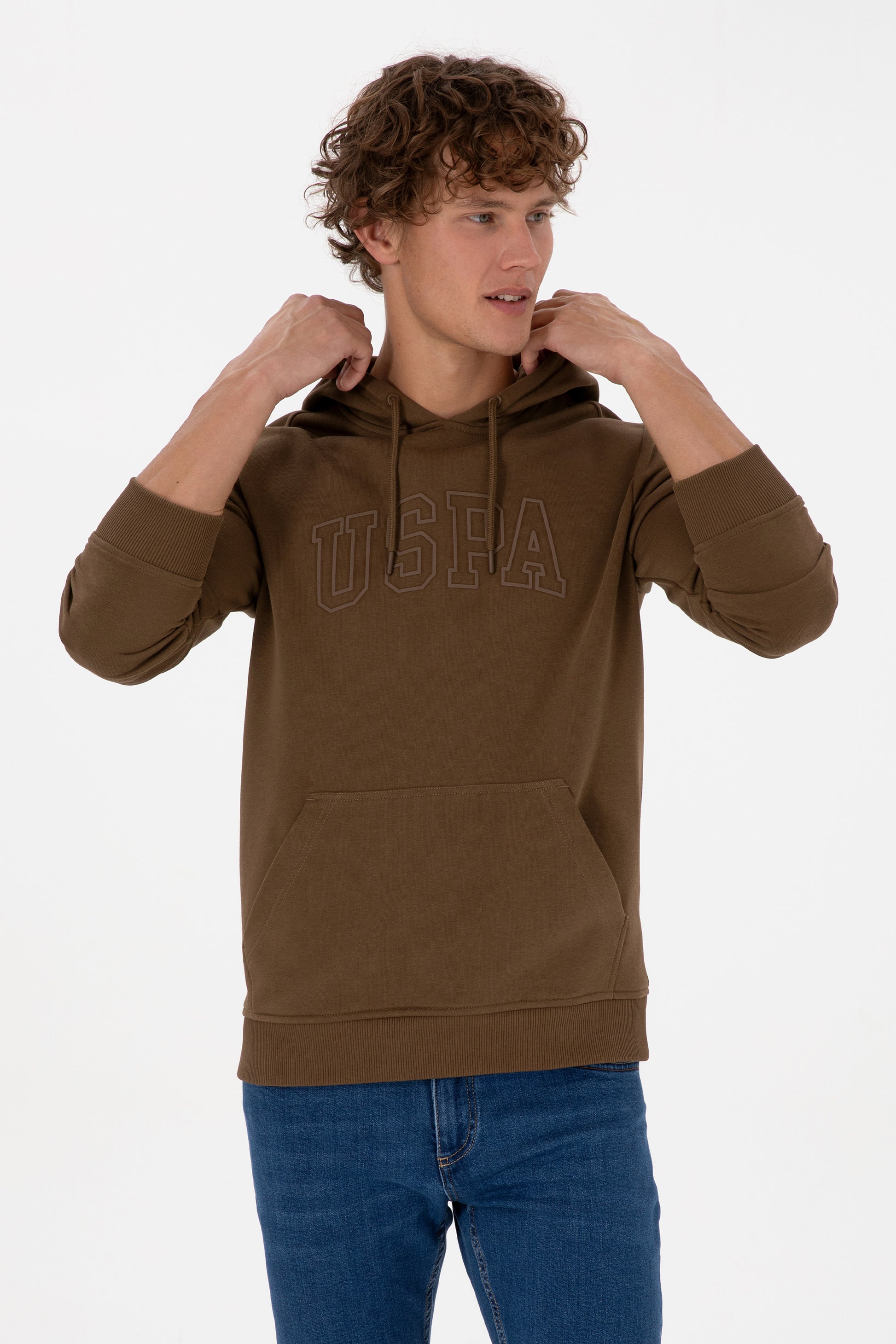 Erkek Regular Fit Kapüşonlu Haki Basic Sweatshirt