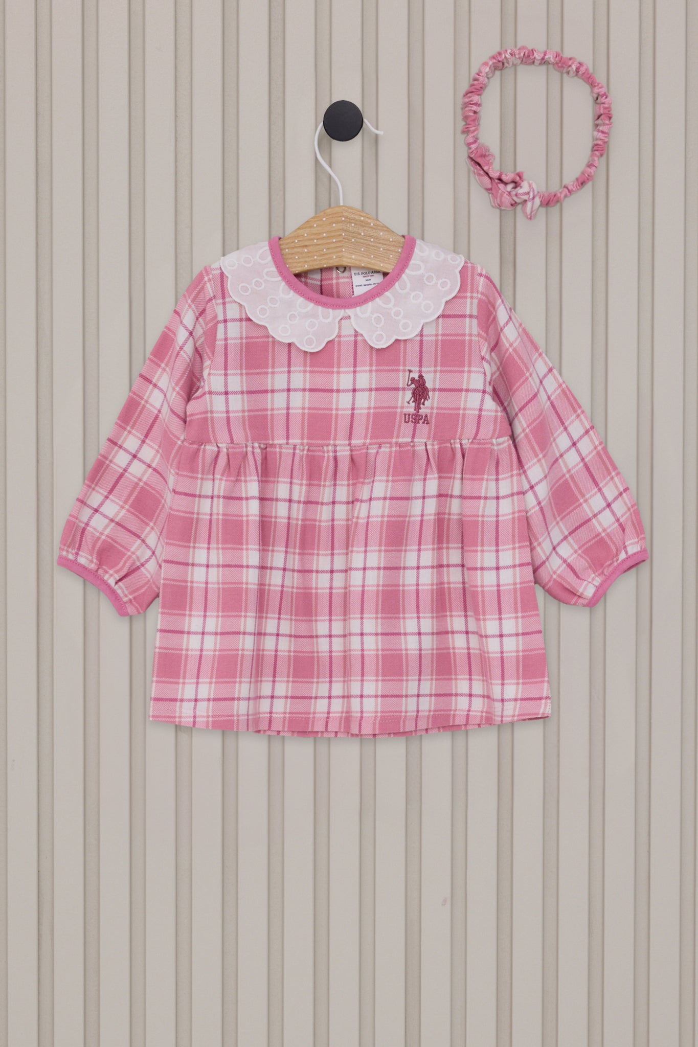 Baby Girl Pink Plaid Patterned Dress Bandana Set of 2