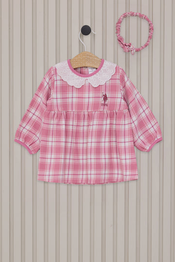 Baby Girl Pink Plaid Patterned Dress Bandana Set of 2