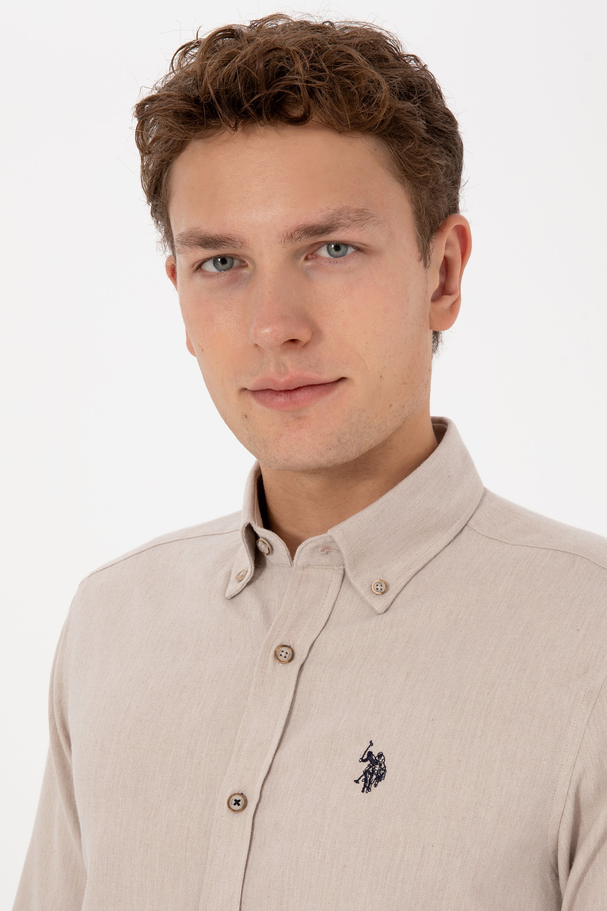 Men's Beige Long Sleeve Basic Shirt