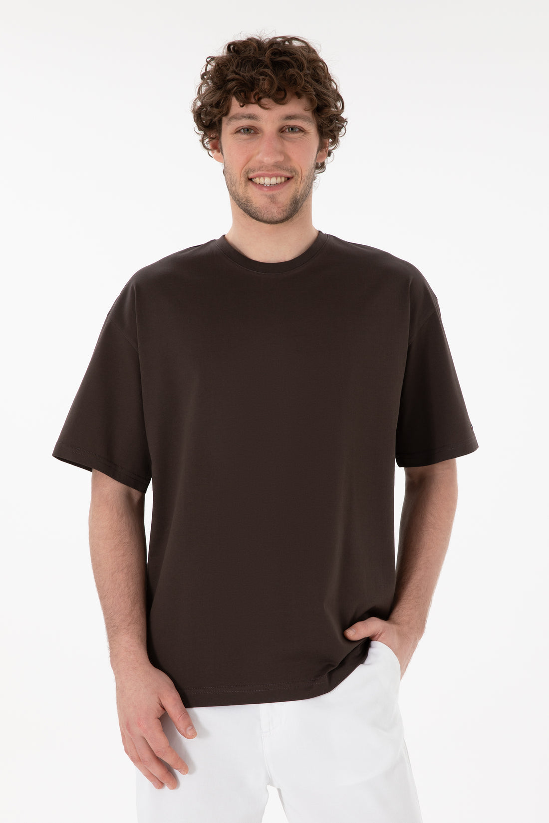 Men's Comfort Fit Crew Neck Brown Mercerized Basic T-Shirt