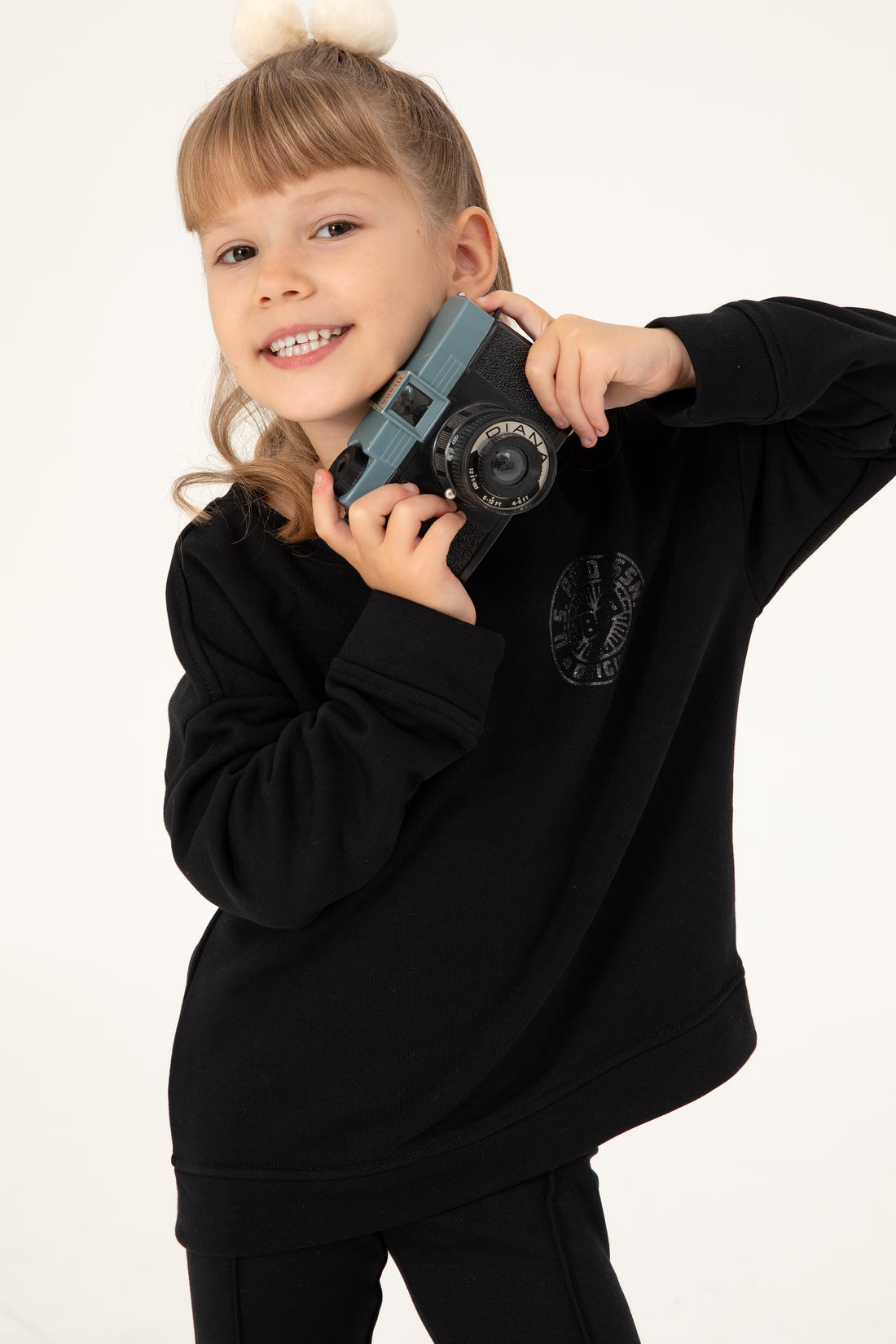 Girls' Black Crew Neck Basic Sweatshirt