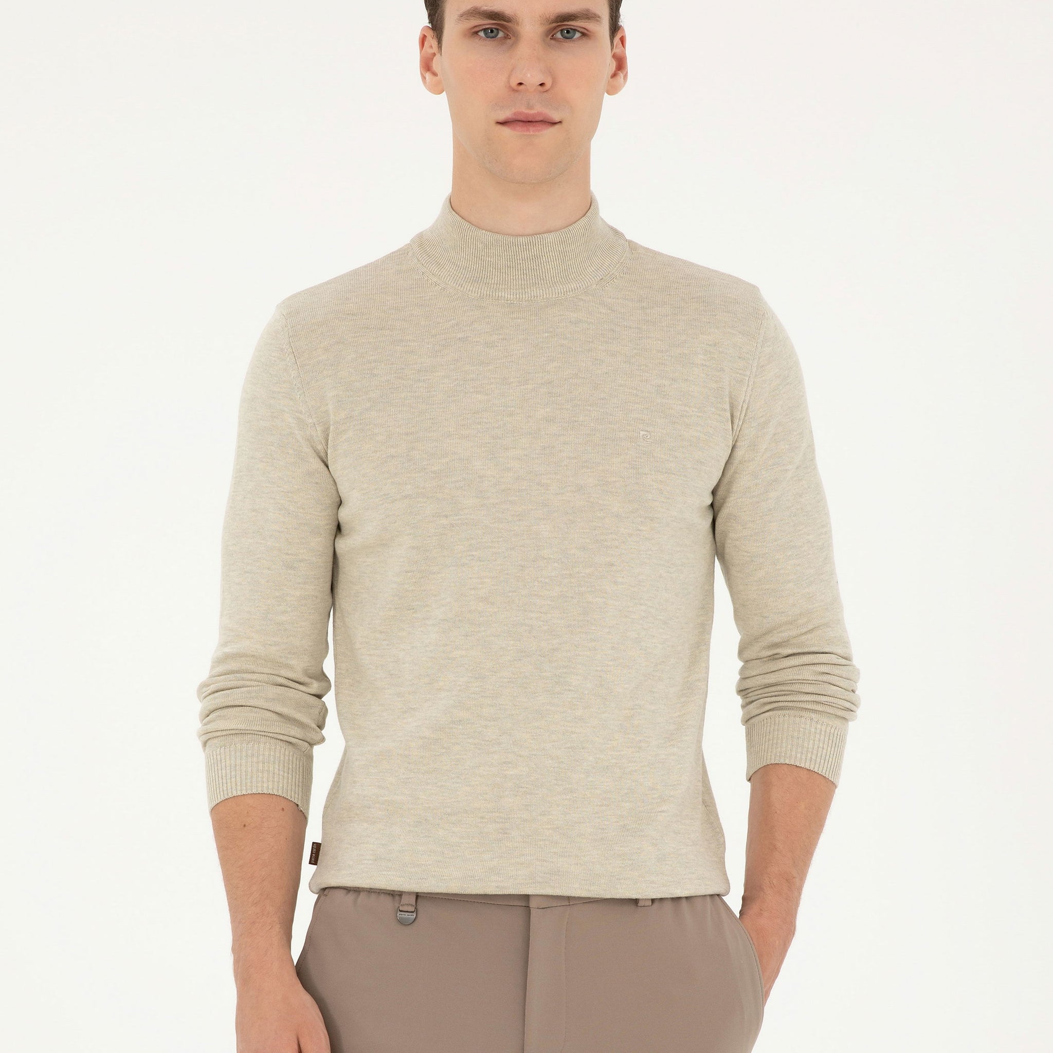 Sand Melange Slim Fit Half Turtleneck Basic Knitwear Sweater