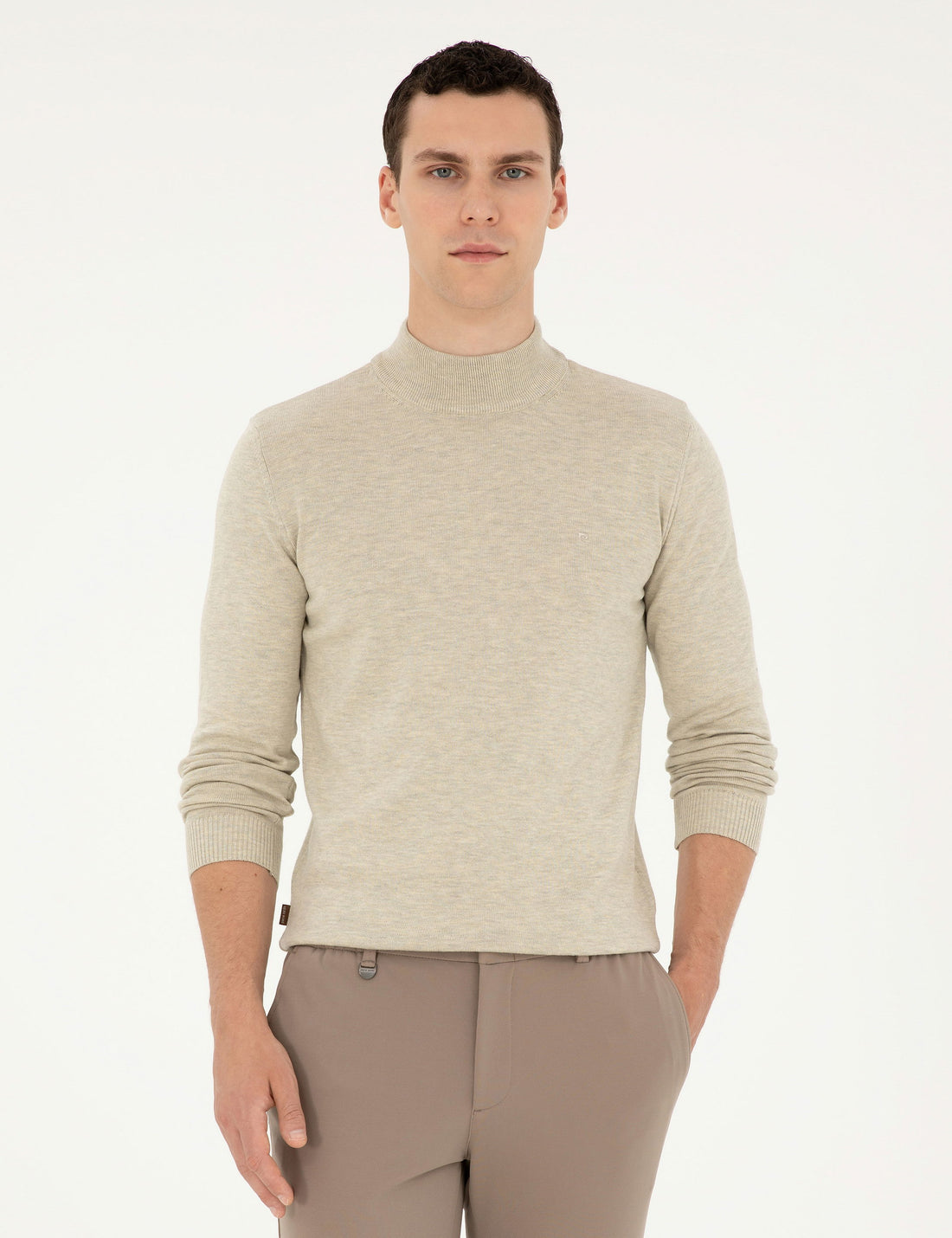 Sand Melange Slim Fit Half Turtleneck Basic Knitwear Sweater