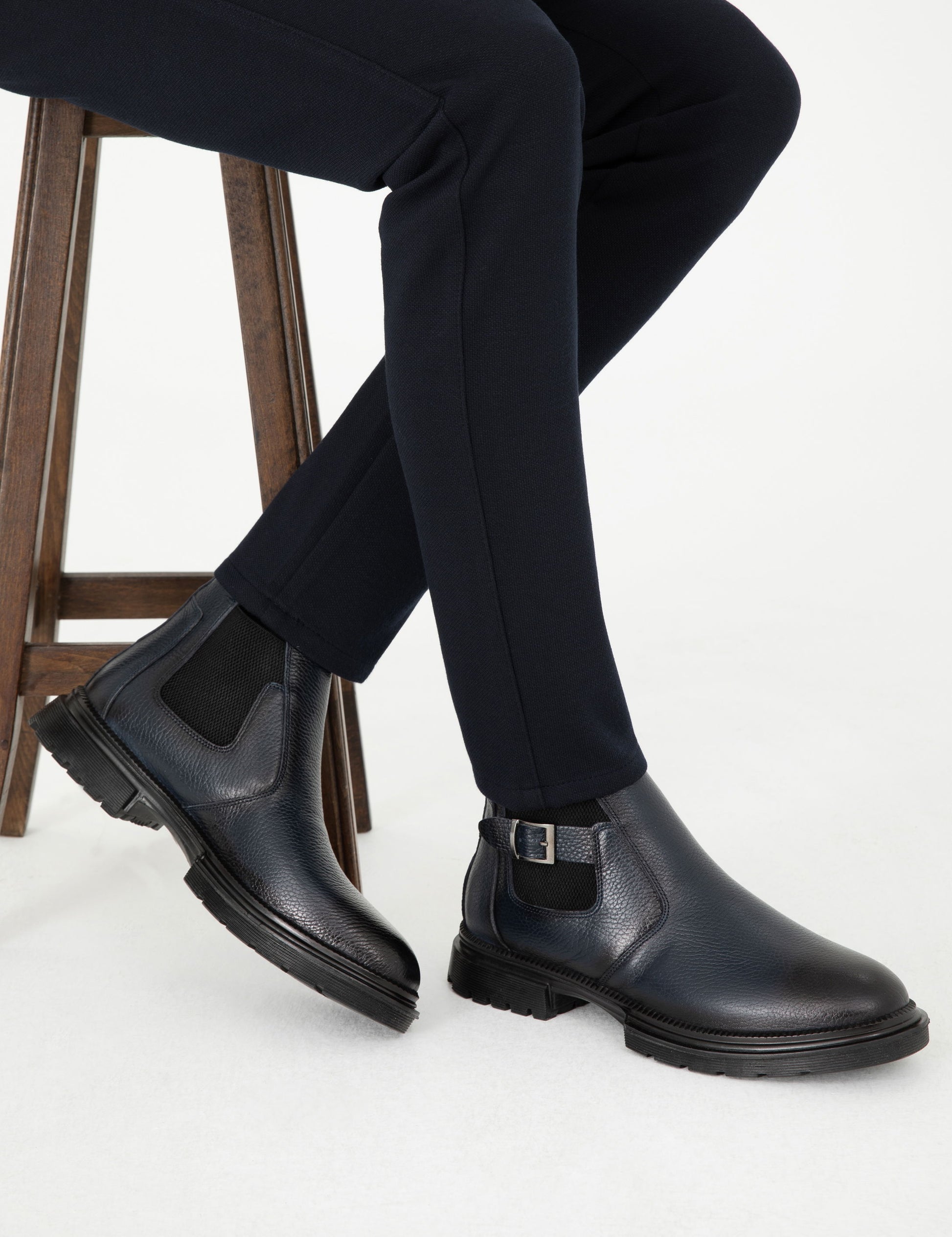 Navy Blue 100% Leather Boots