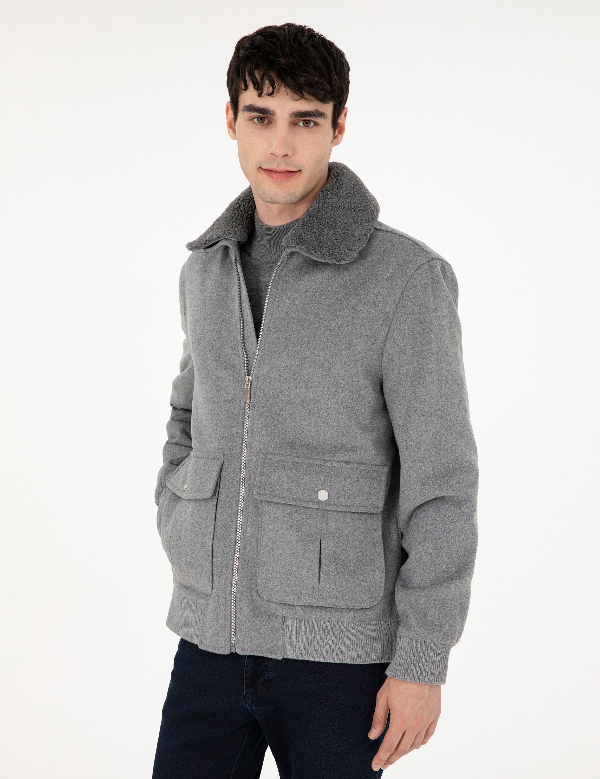 Grey Wool Blend Regular Fit Cashmere Coat