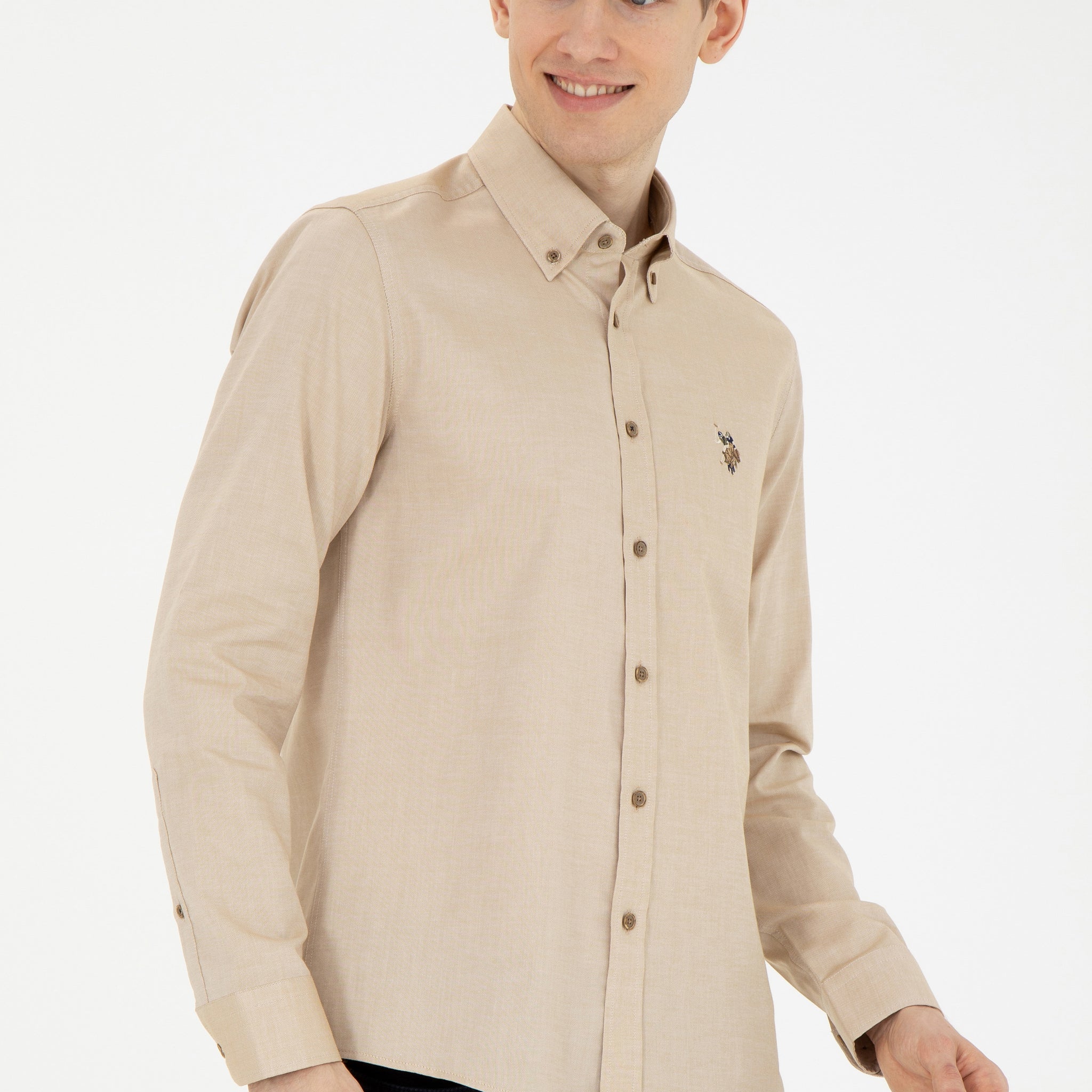 Men's Light Khaki Long Sleeve Basic Shirt