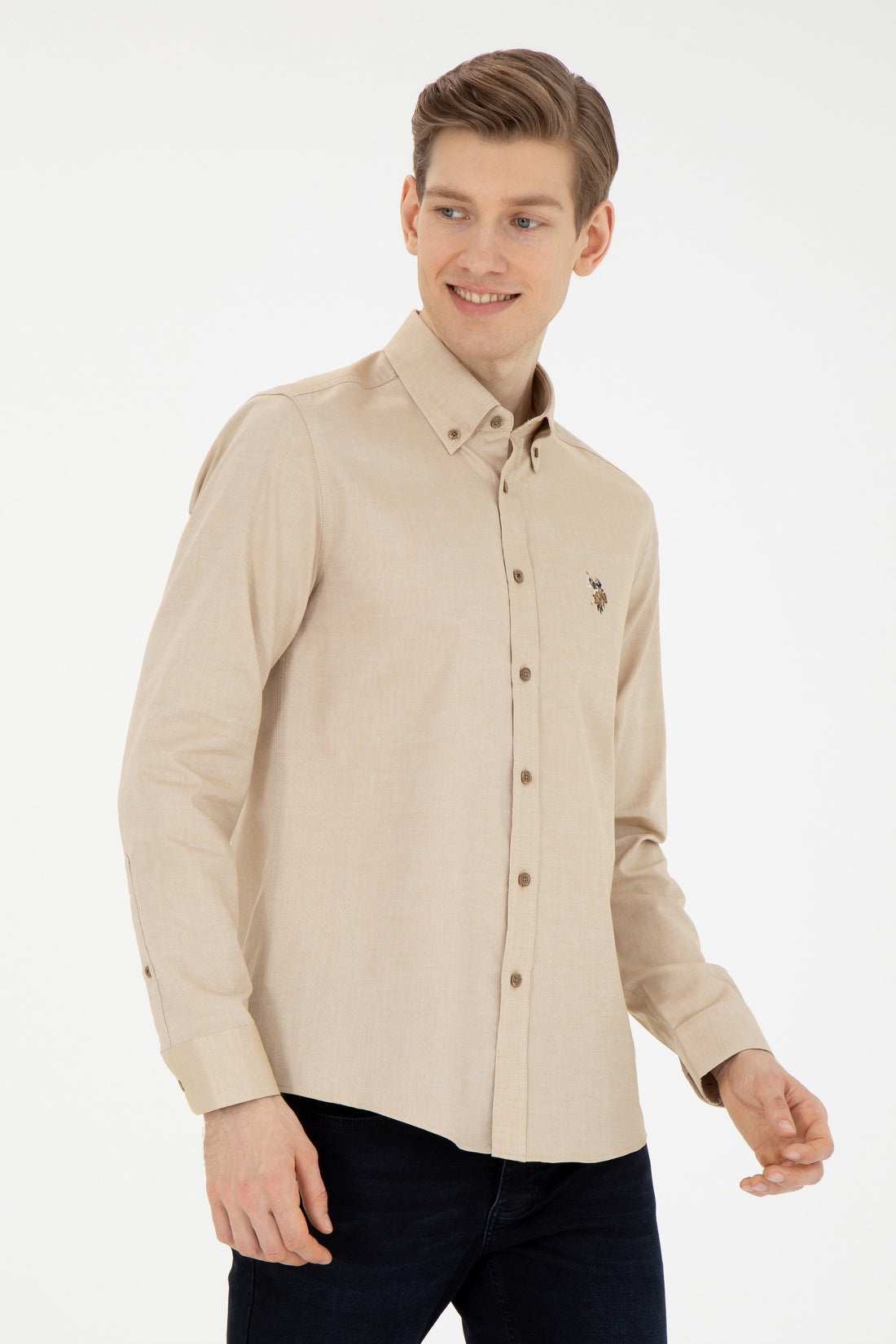 Men's Light Khaki Long Sleeve Basic Shirt