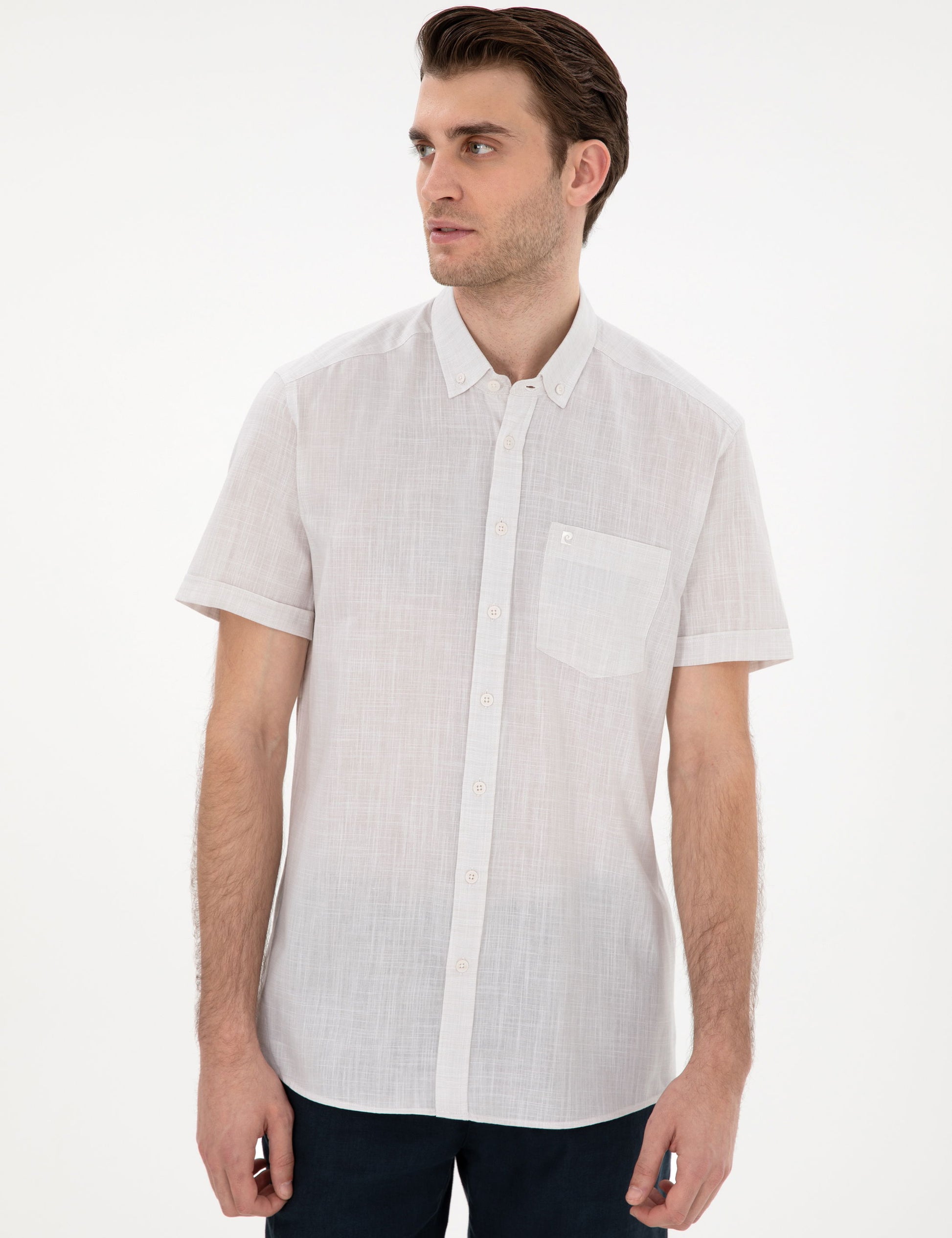 Beige Linen Look Regular Fit Short Sleeve Shirt