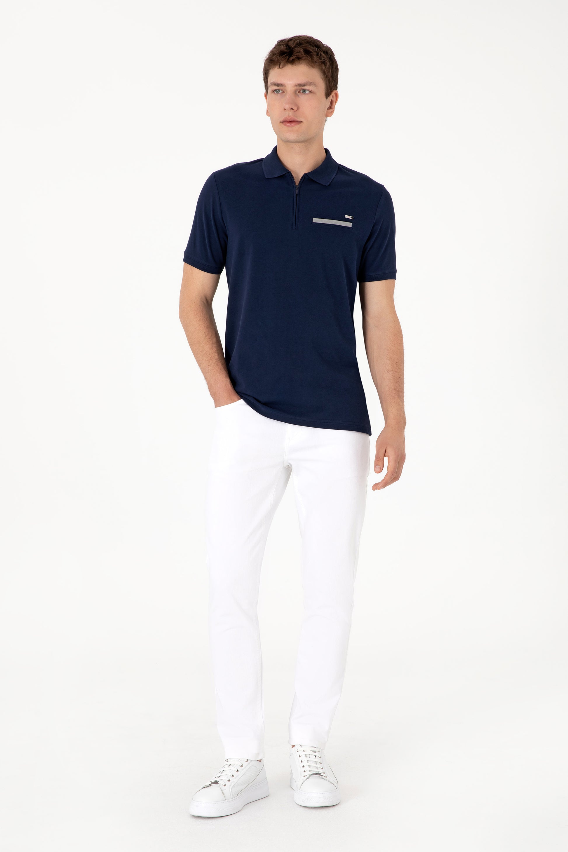 Men's Regular Fit Zipper Navy T-Shirt