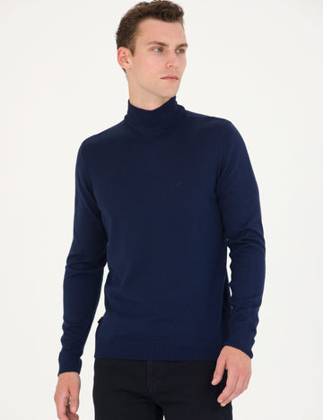 Light Navy Slim Fit Half Turtleneck Basic Sweater Sweater