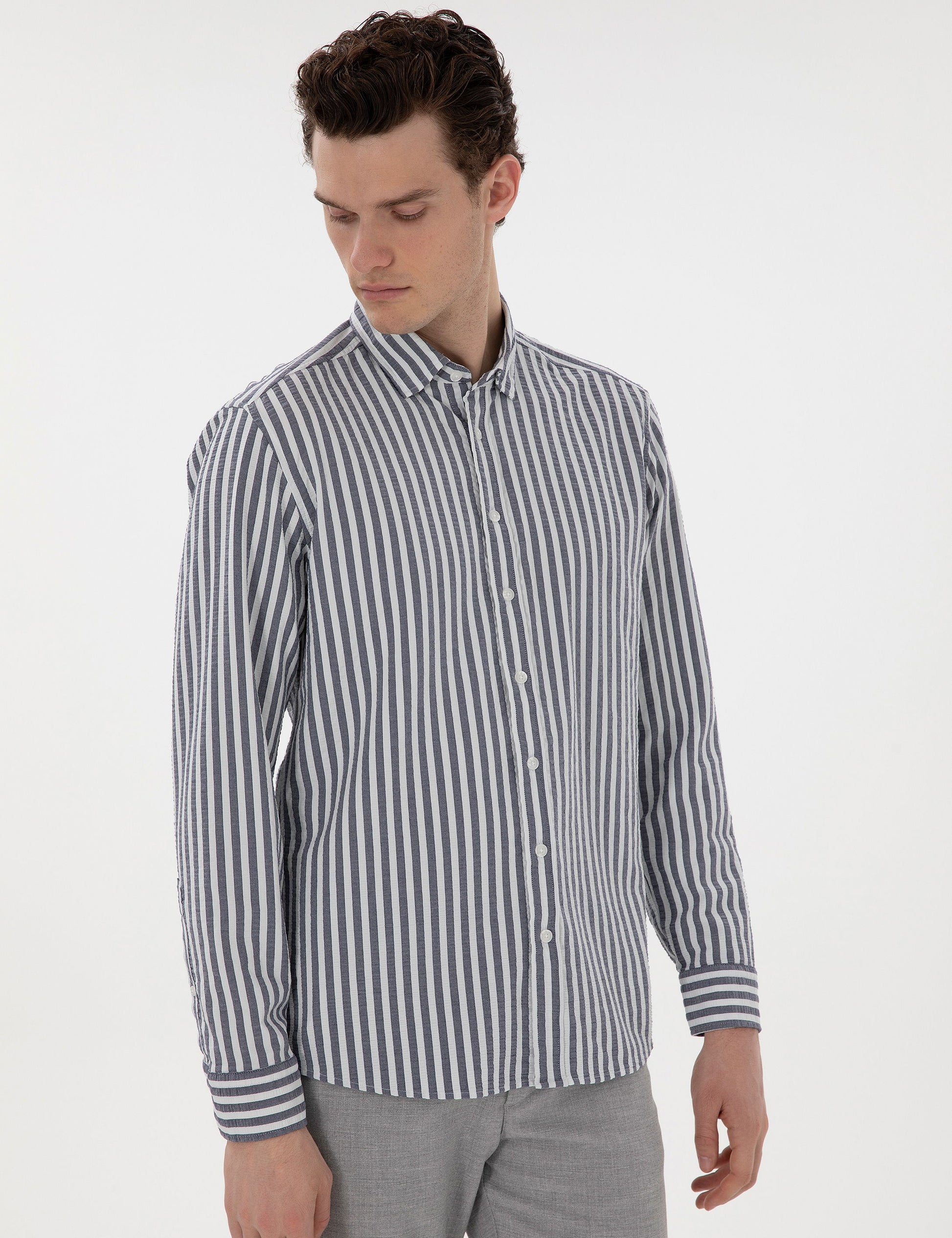 Navy Blue Regular Fit Striped Long Sleeve Shirt