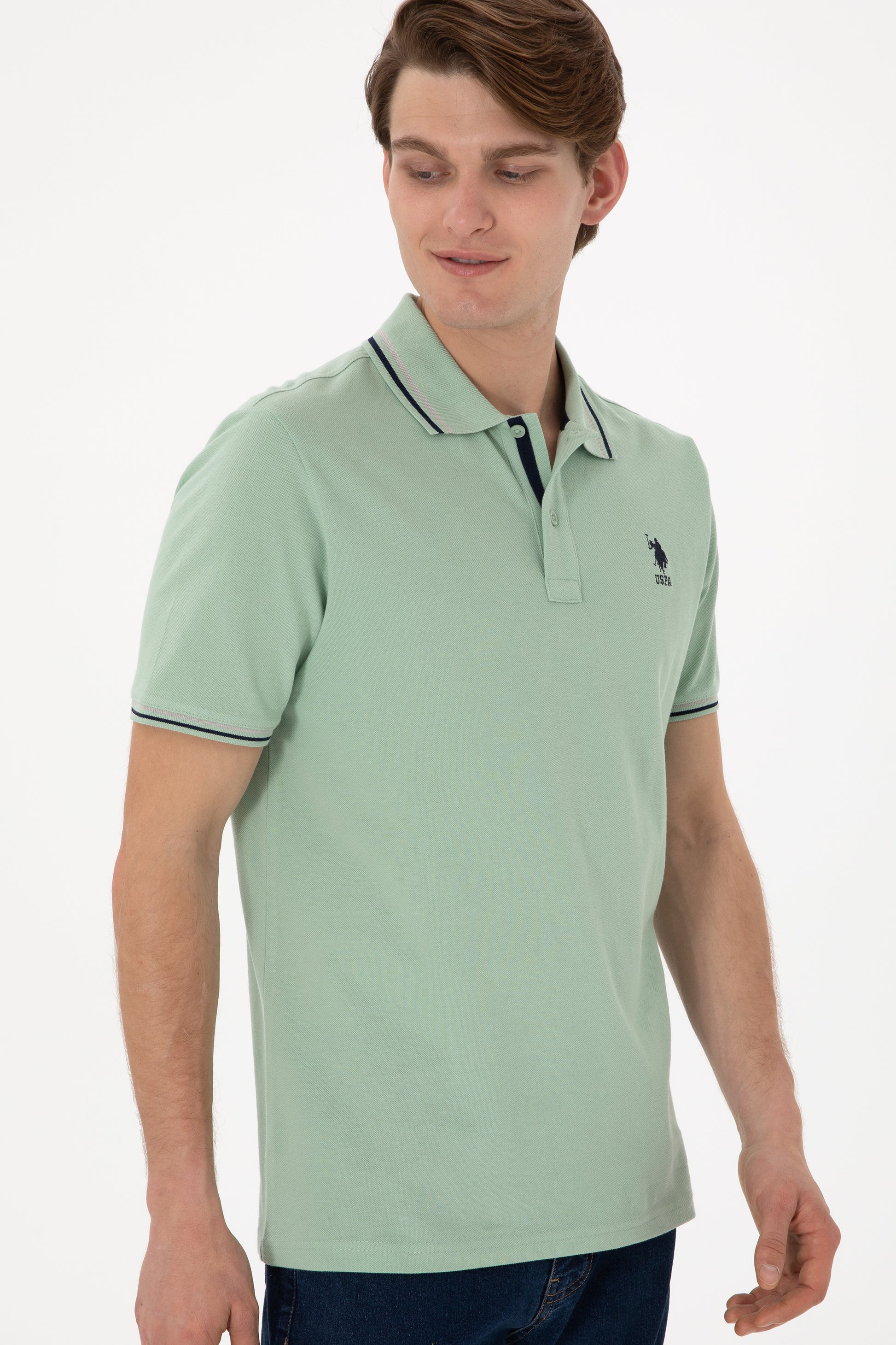 Men's Regular Fit Polo Neck Water Green Basic T-Shirt