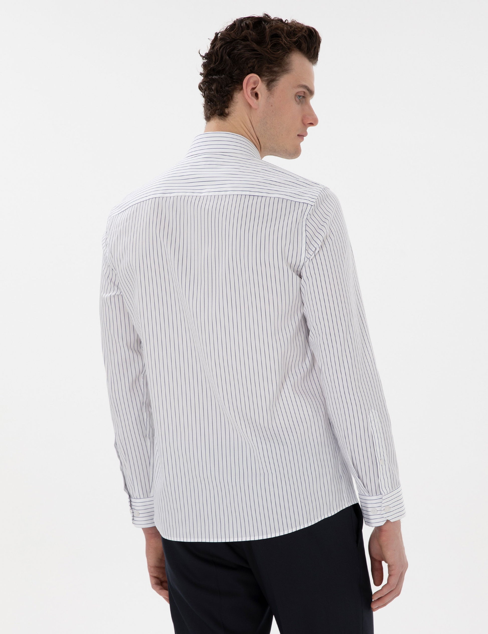Navy Blue Slim Fit Striped Long Sleeve Shirt