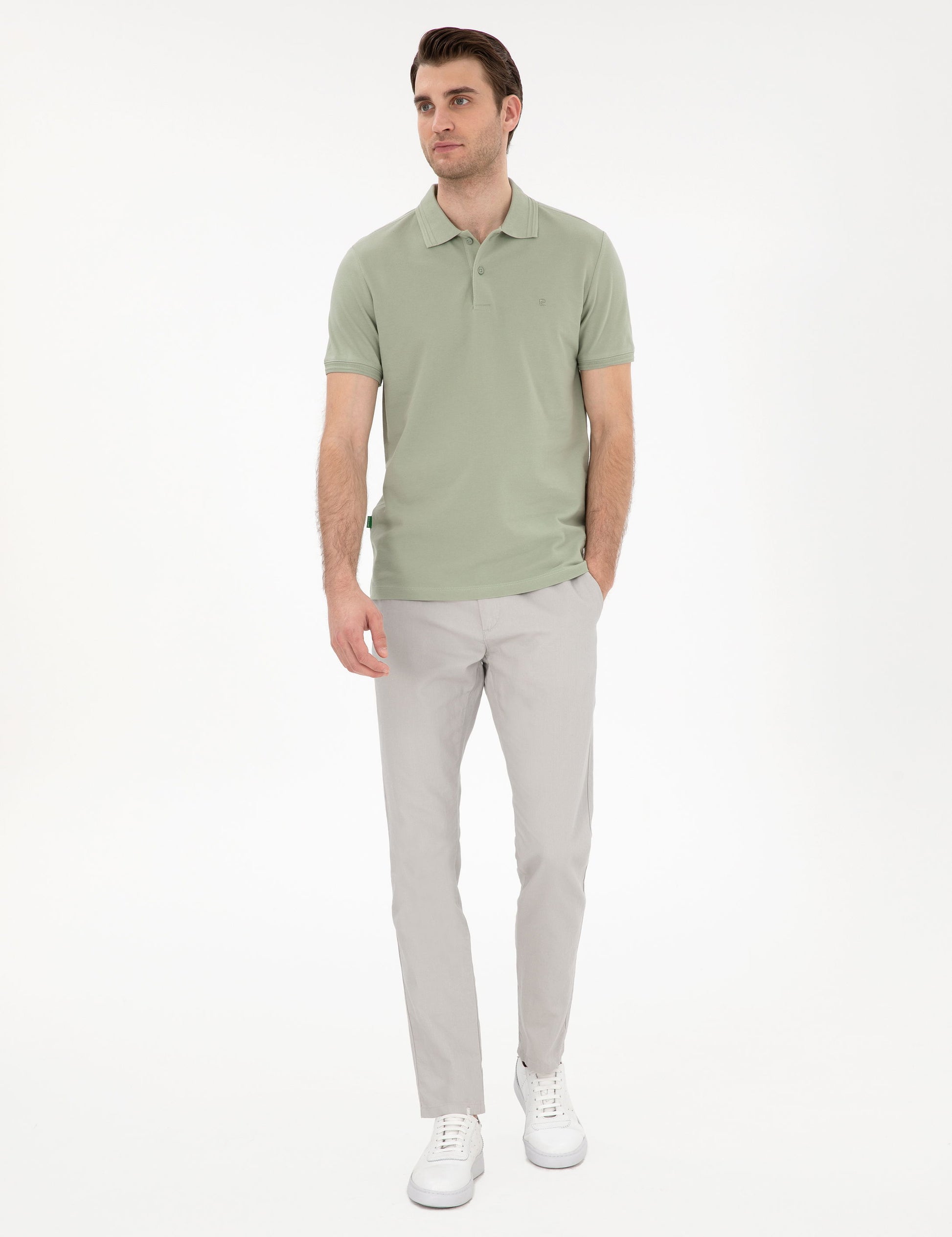 Cagla Green Slim Fit 100% Cotton Polo Neck Basic T-Shirt