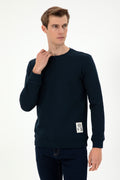 Men's Regular Fit Crew Neck Label Print Navy Sweatshirt