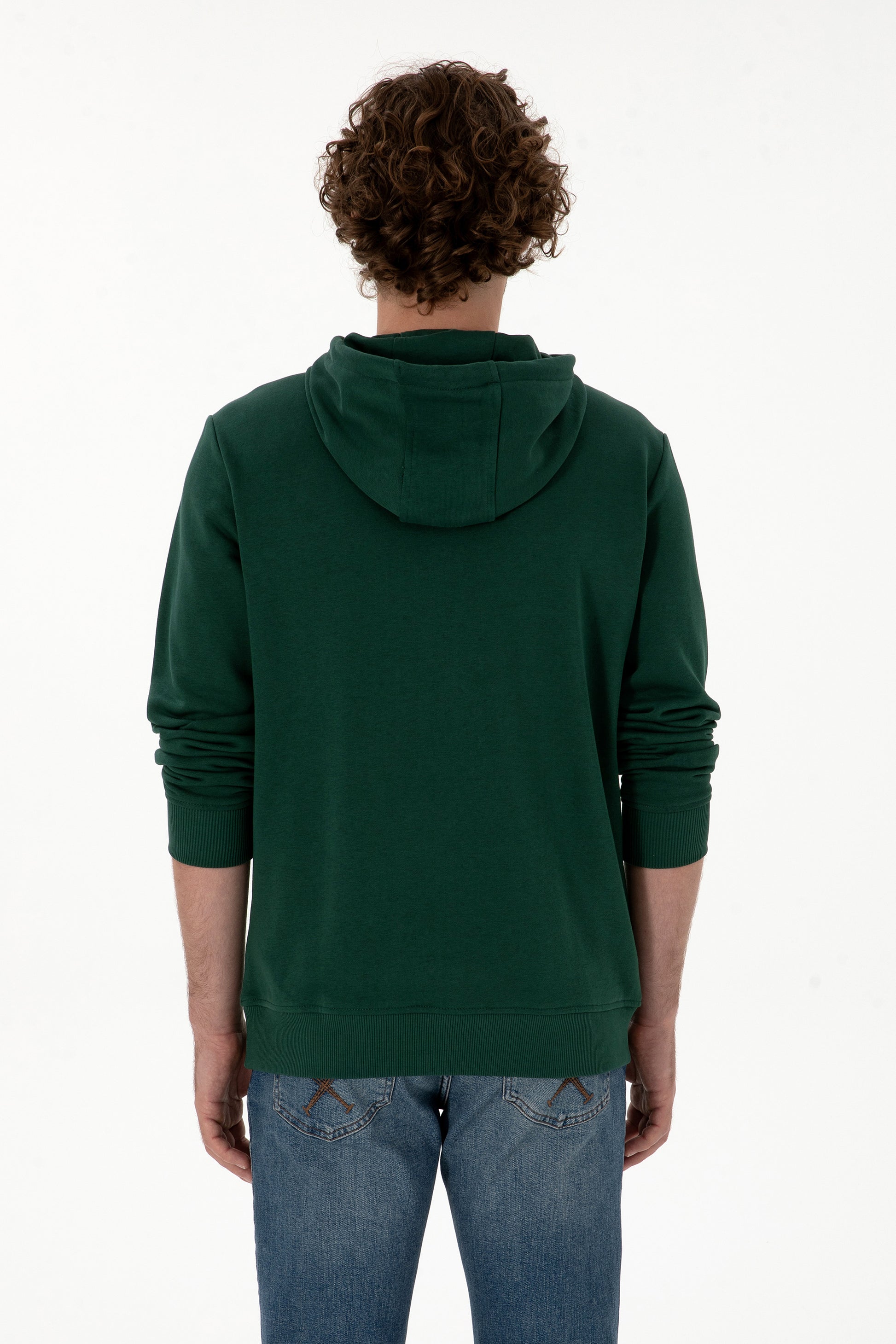 Erkek Regular Fit Kapişonlu Koyu Yeşil Basic Sweatshirt