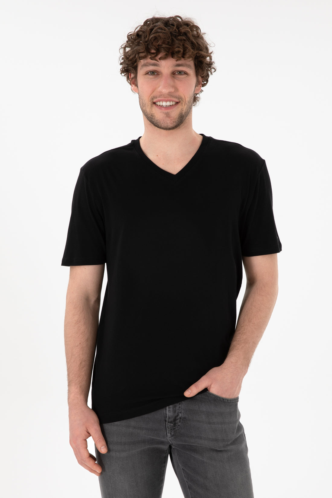 Men's Regular Fit V-Neck Black Basic T-Shirt