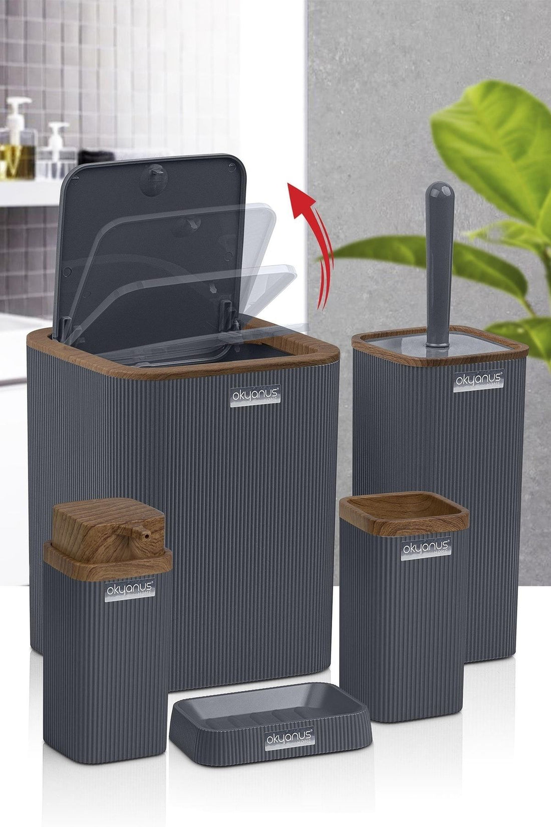 Stella Anthracite Wood Pattern Striped 5-Piece Bathroom Set