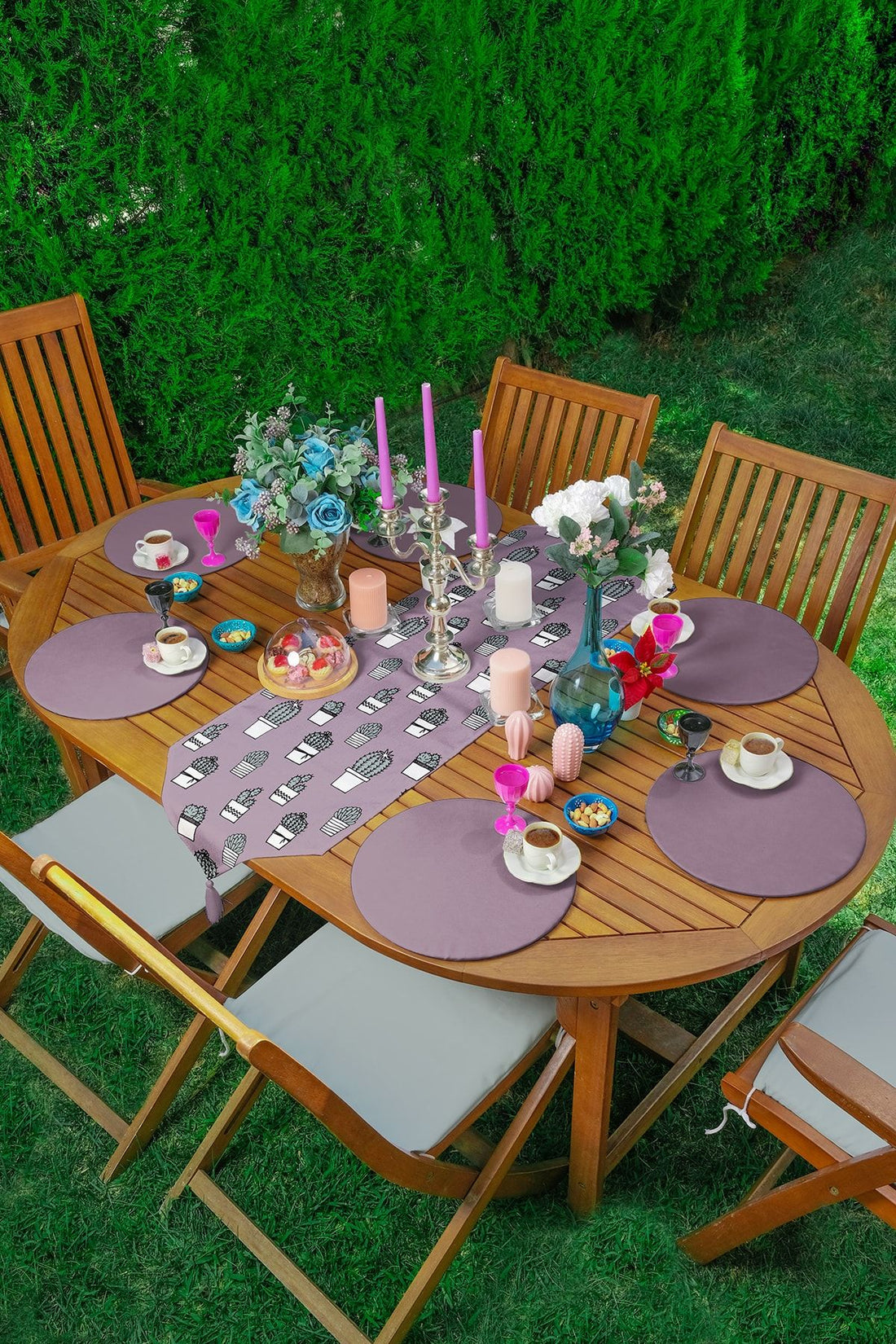 Modern Triangle Tassel Runner With Light Purple Floor Cactus Design 1Pcs & 6Pcs Purple Color Supla