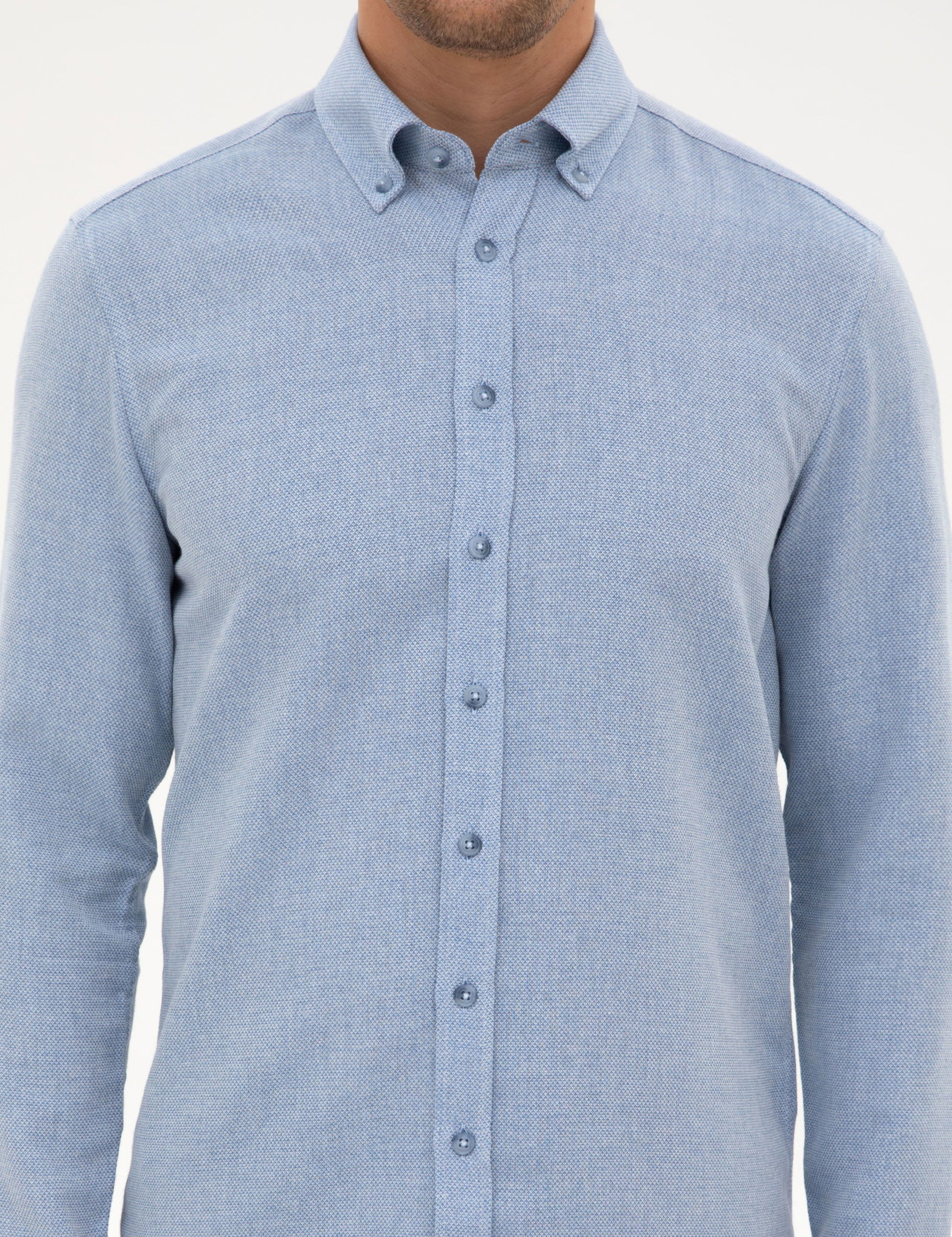 Mavi Slim Fit Dokulu Uzun Kollu G��mlek