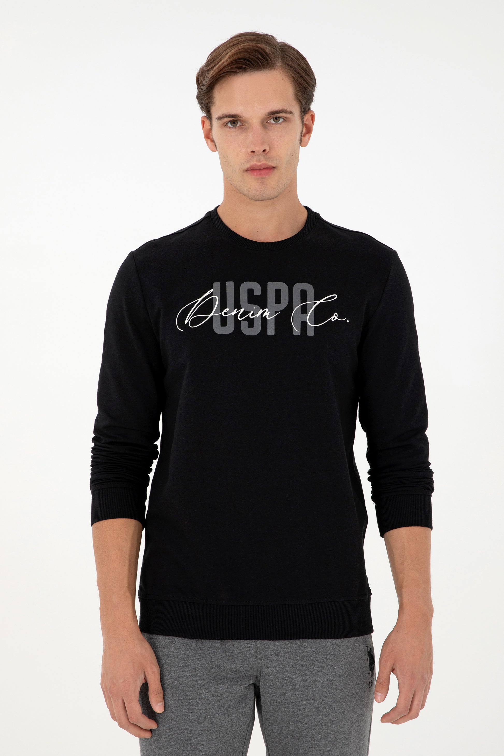 Men's Regular Fit Crew Neck Printed Black Sweatshirt