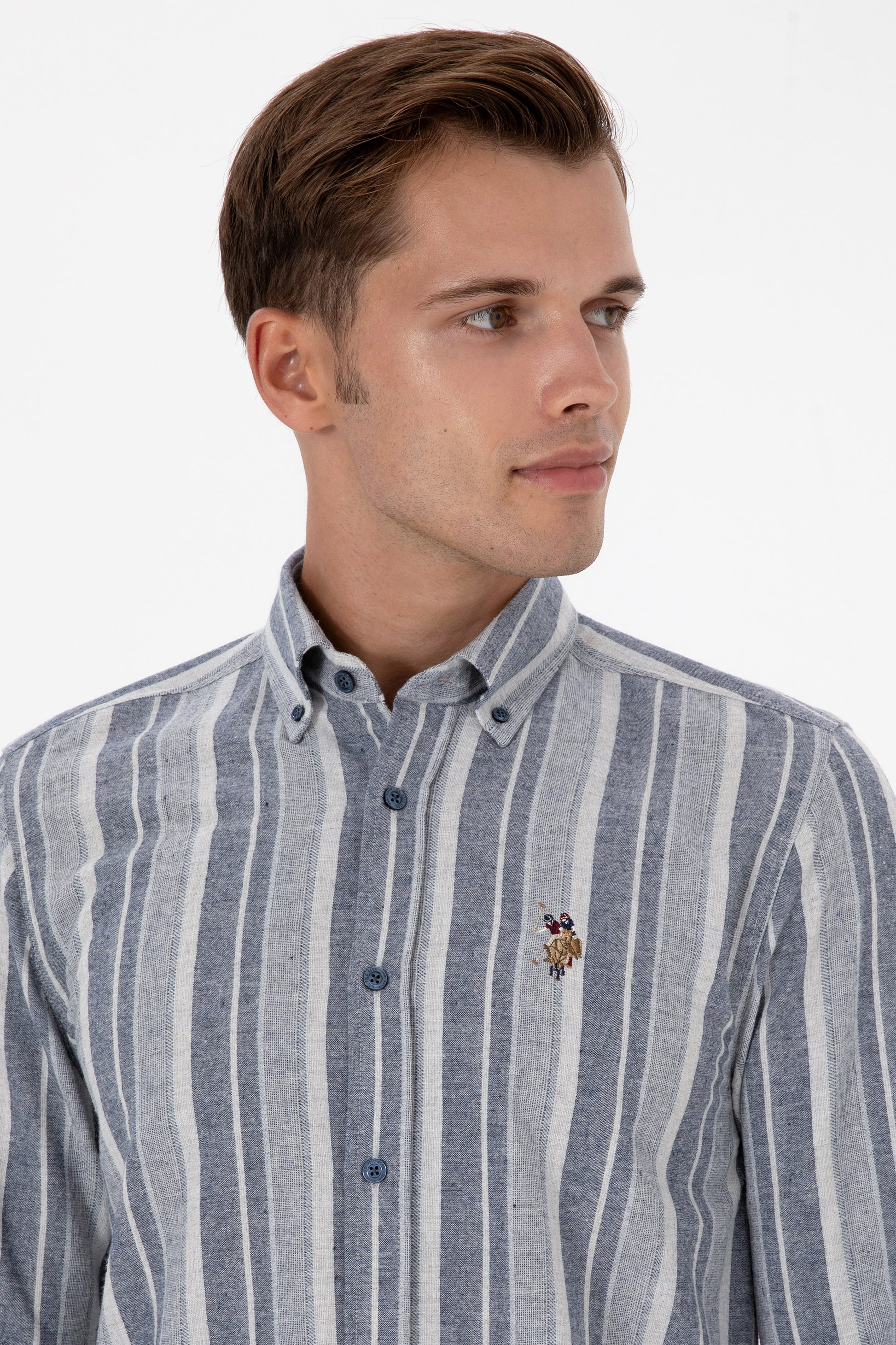 Men's Navy Blue Long Sleeve Striped Shirt