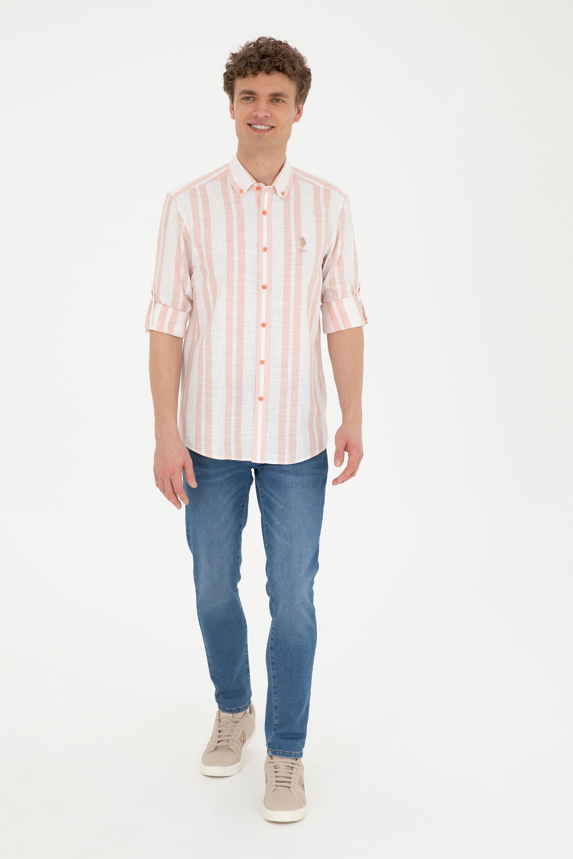 Men's Salmon Striped White Shirt