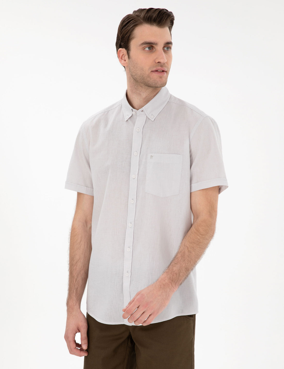 Regular Fit Short Sleeve Shirt with Stone Linen Blend