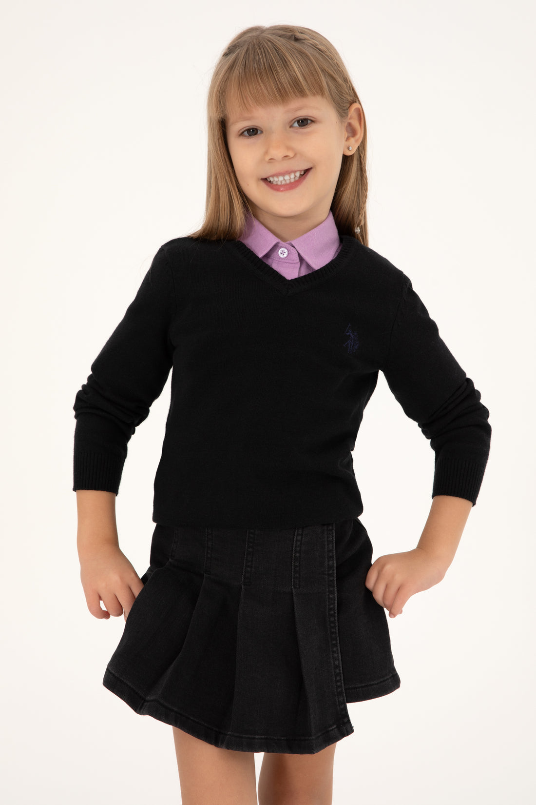 Girls' Black V Neck Basic Sweater