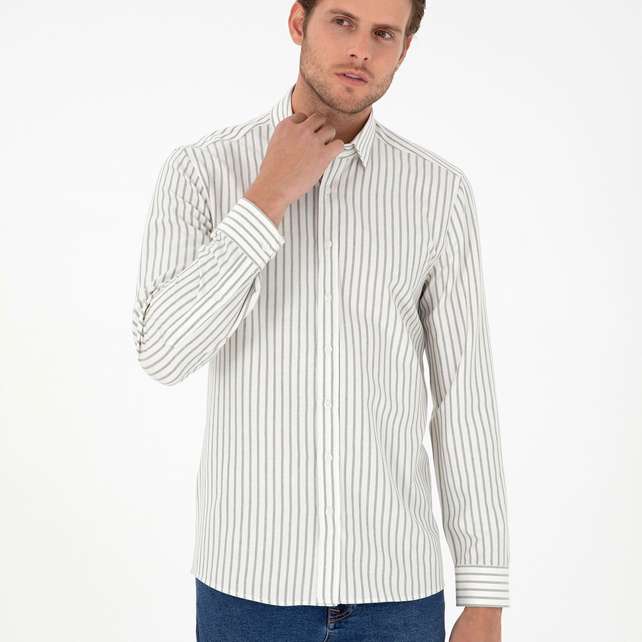 Khaki Striped Slim Fit Long Sleeve Shirt