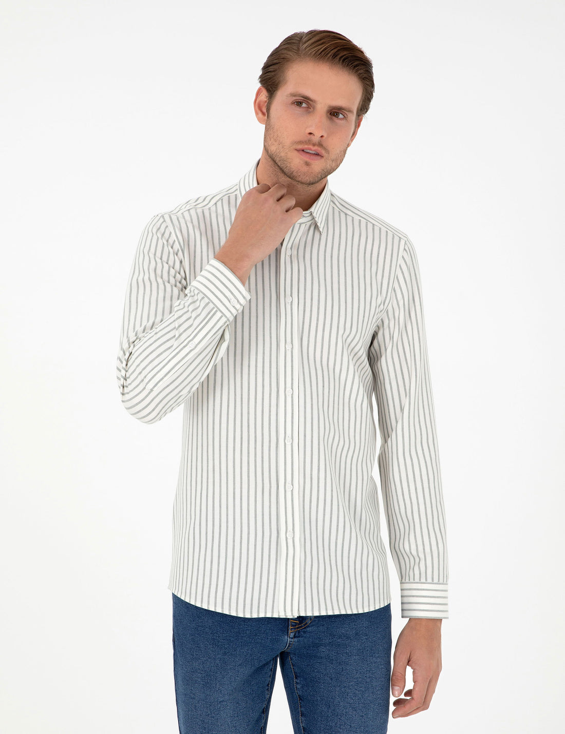 Khaki Striped Slim Fit Long Sleeve Shirt