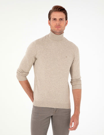 Sand Melange Slim Fit Turtleneck Basic Knitwear Sweater