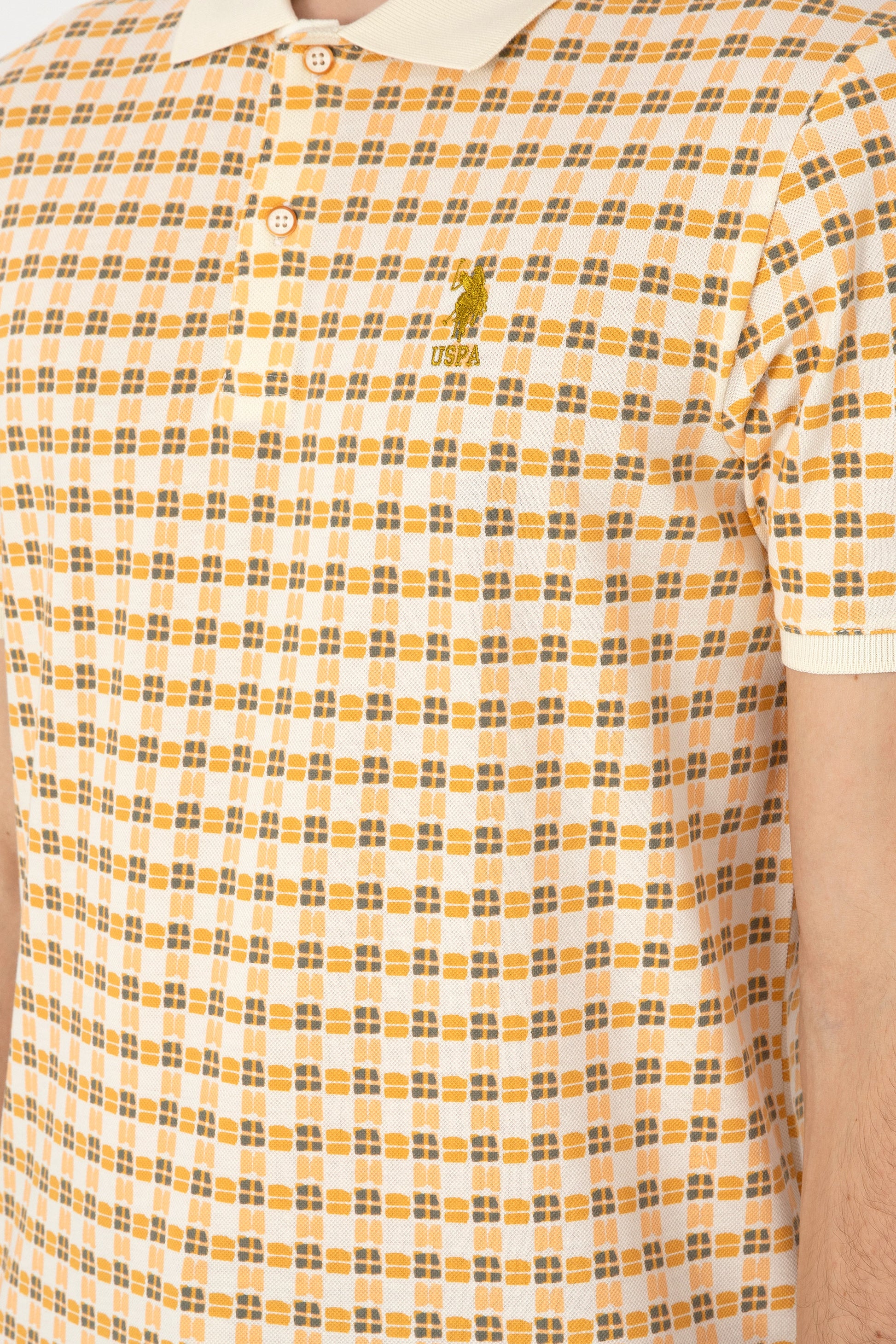 Men's Regular Fit Polo Neck Cream Print T-shirt