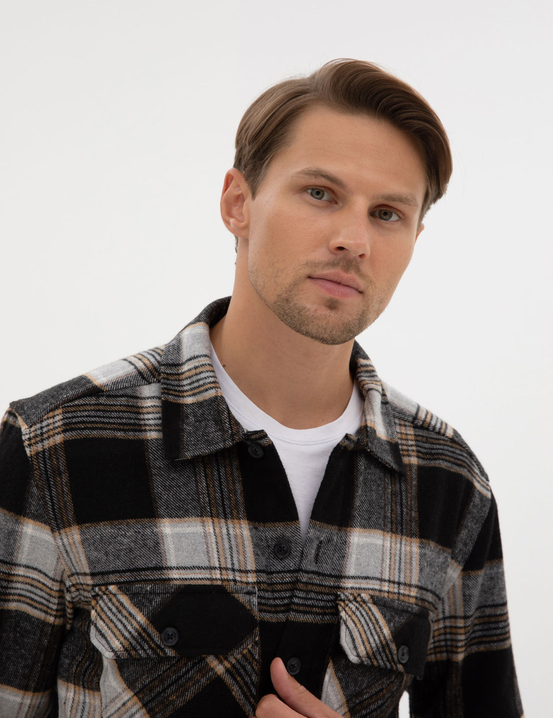 Black Classic Collar Double Pockets Lumberjack Shirt Jacket