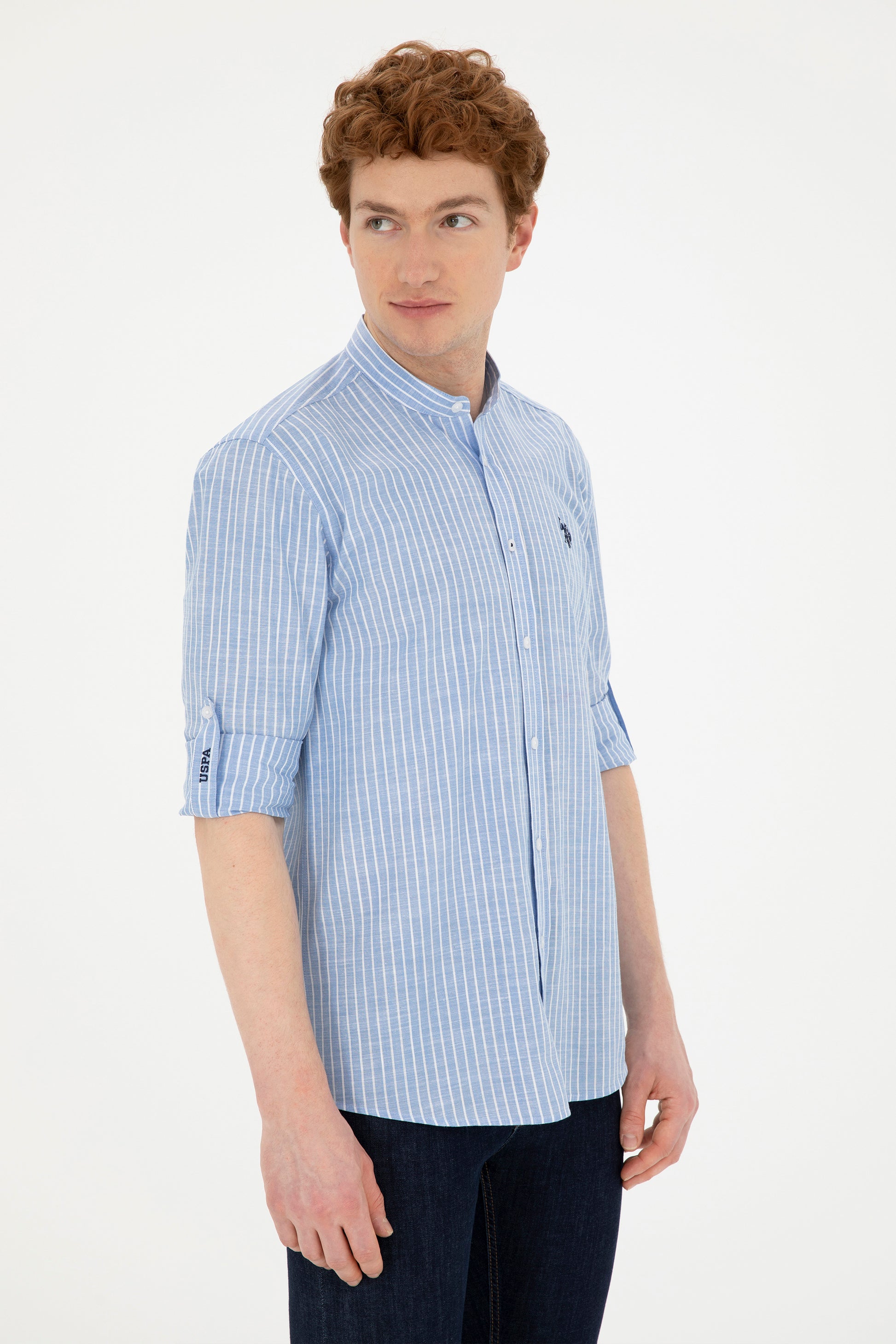 Men's Judge Collar Striped Blue Shirt